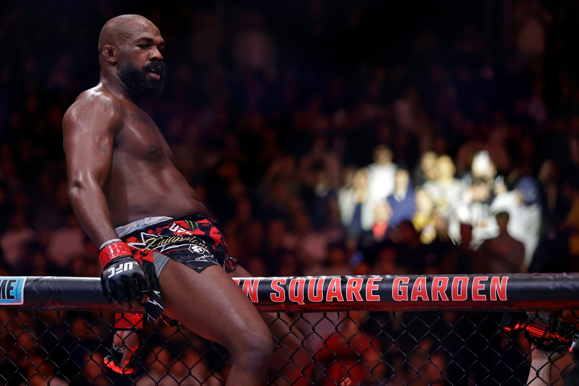 Jon Jones reacts after defeating Stipe Miocic in a UFC 309 mixed martial arts heavyweight title bout, early on Sunday, Nov. 17, 2024, in New York.