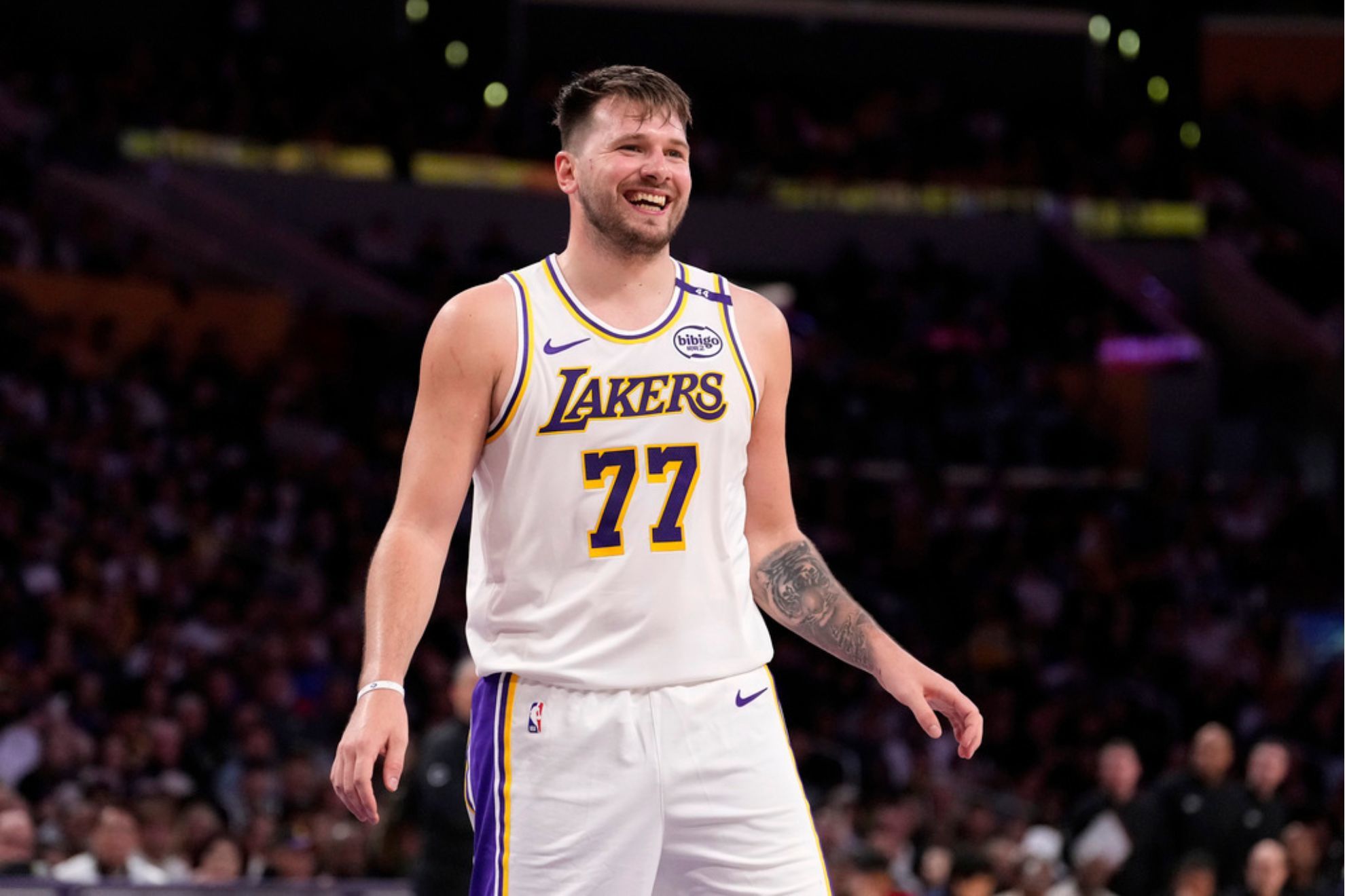 Los Angeles Lakers guard Luka Doncic smiles during the second half of an NBA basketball game against the Los Angeles Clippers, Sunday, March 2, 2025, in Los Angeles. (AP Photo/Mark J. Terrill)