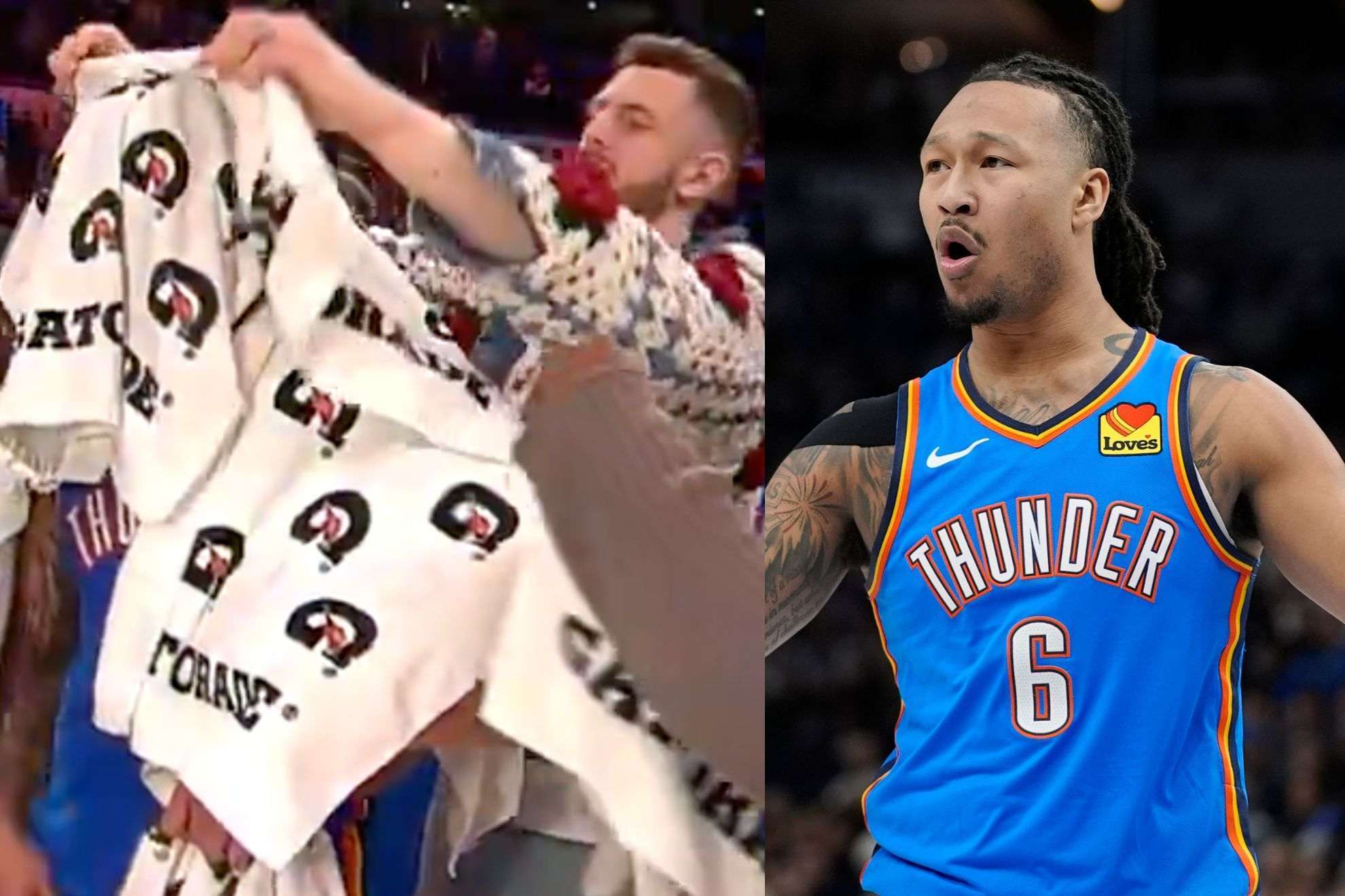 OKC Thunder Jaylin Williams screams at his teammates after showering him with towels during a live interview