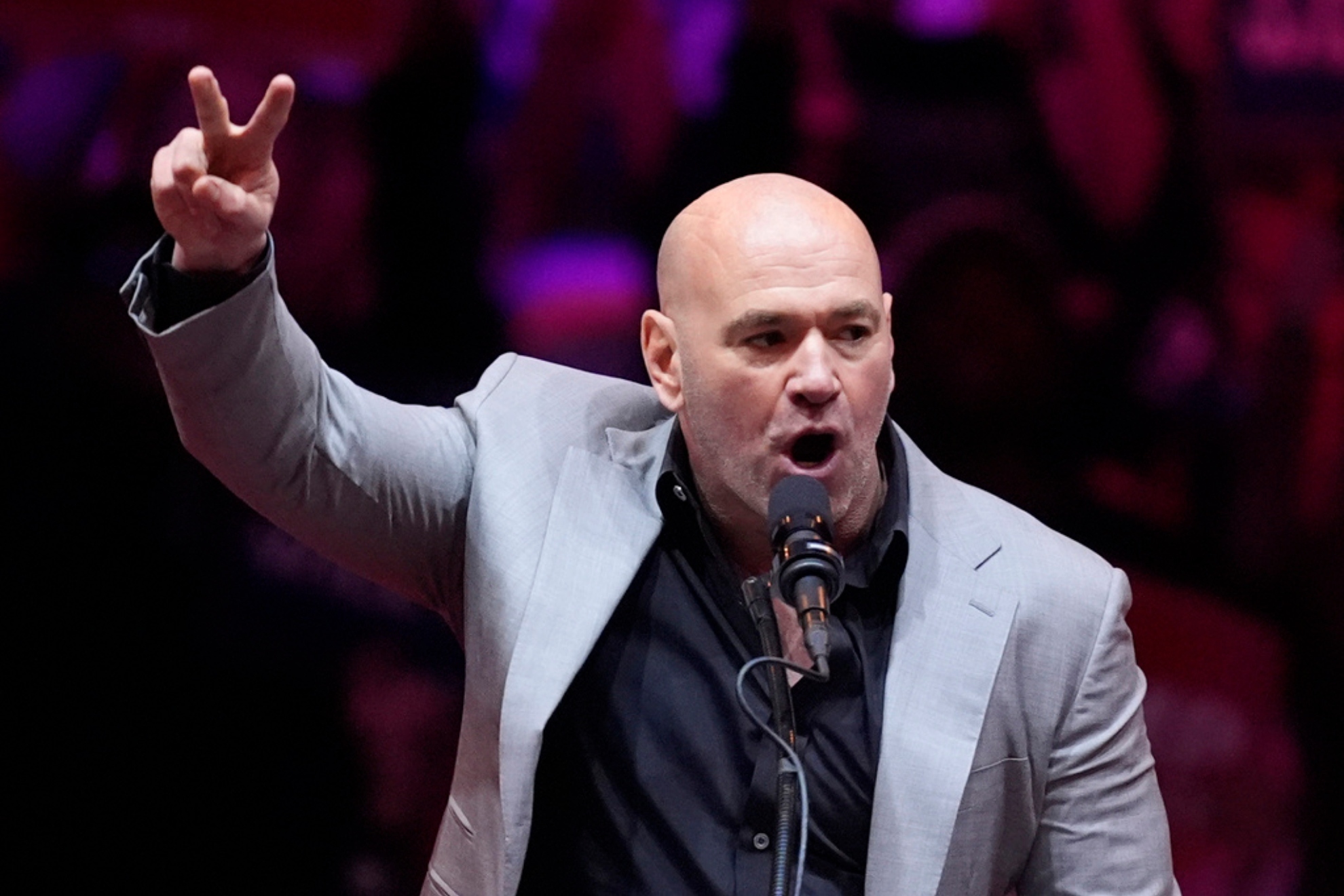 Dana White speaks before Republican presidential nominee former President Donald Trump at a campaign rally.