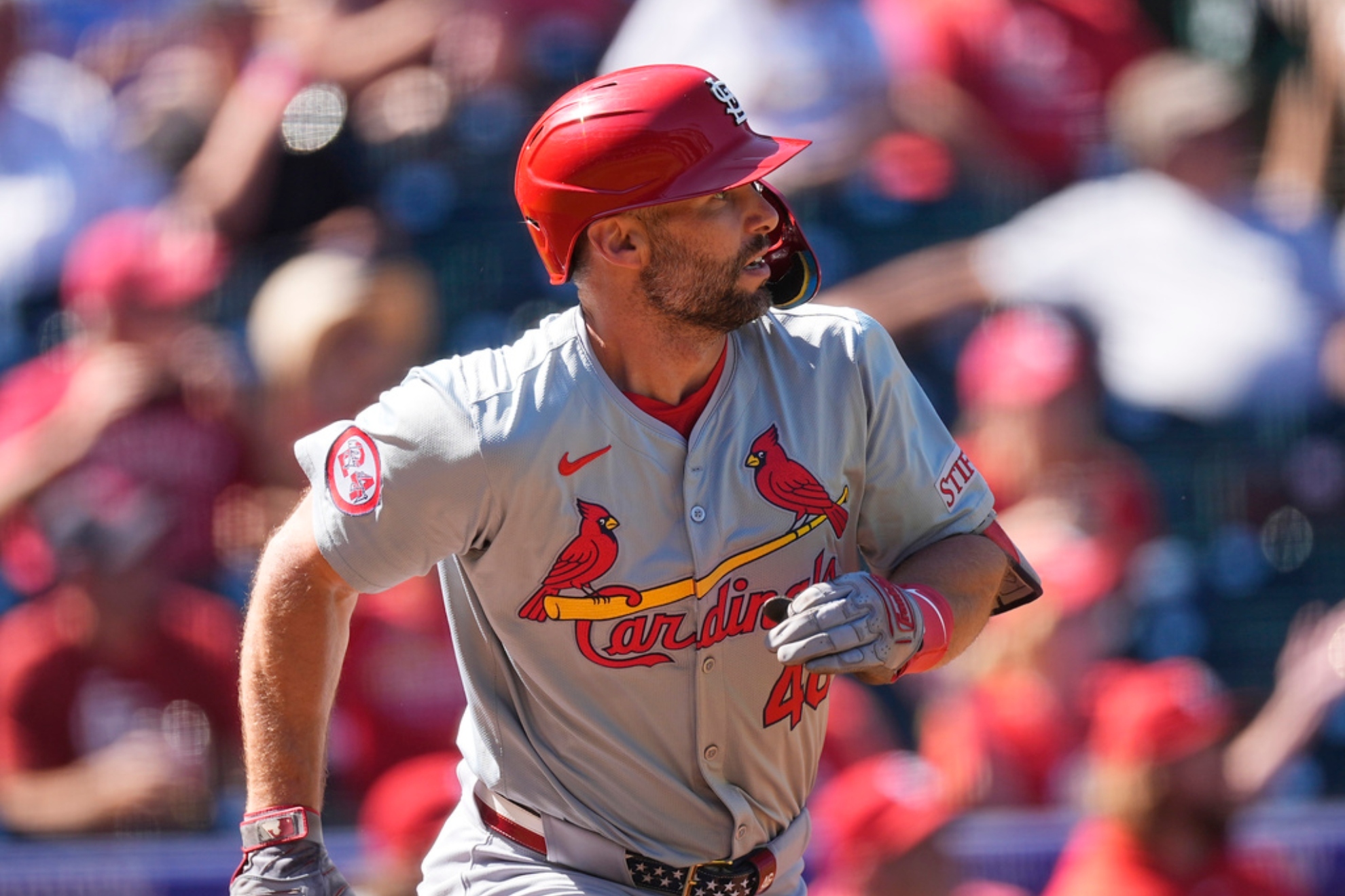 St. Louis Cardinals Paul Goldschmidt heads up the first-base line.