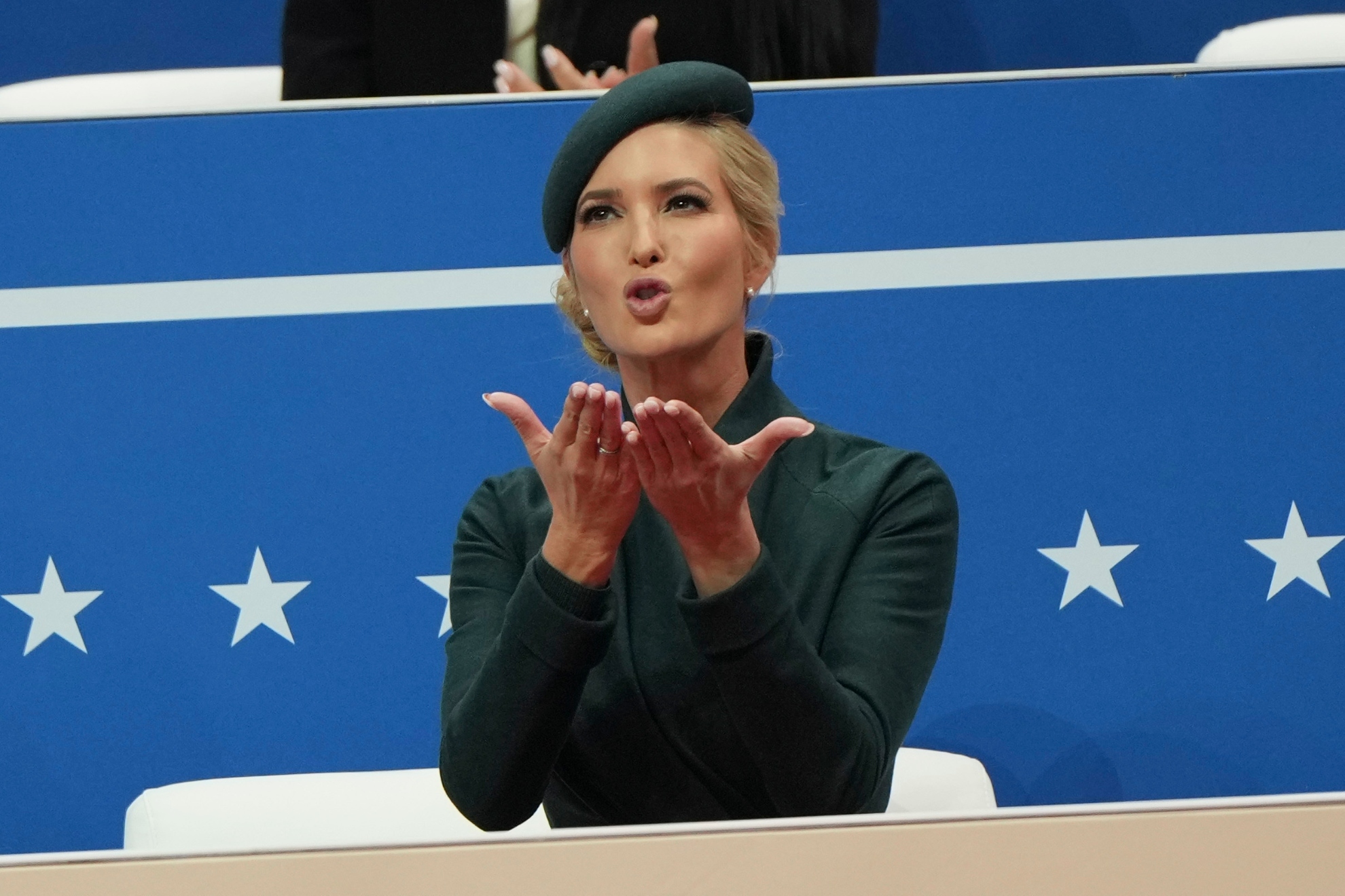 Ivanka Trump blows a kiss as she arrives at an indoor Presidential Inauguration parade event in Washington, Monday, Jan. 20, 2025.