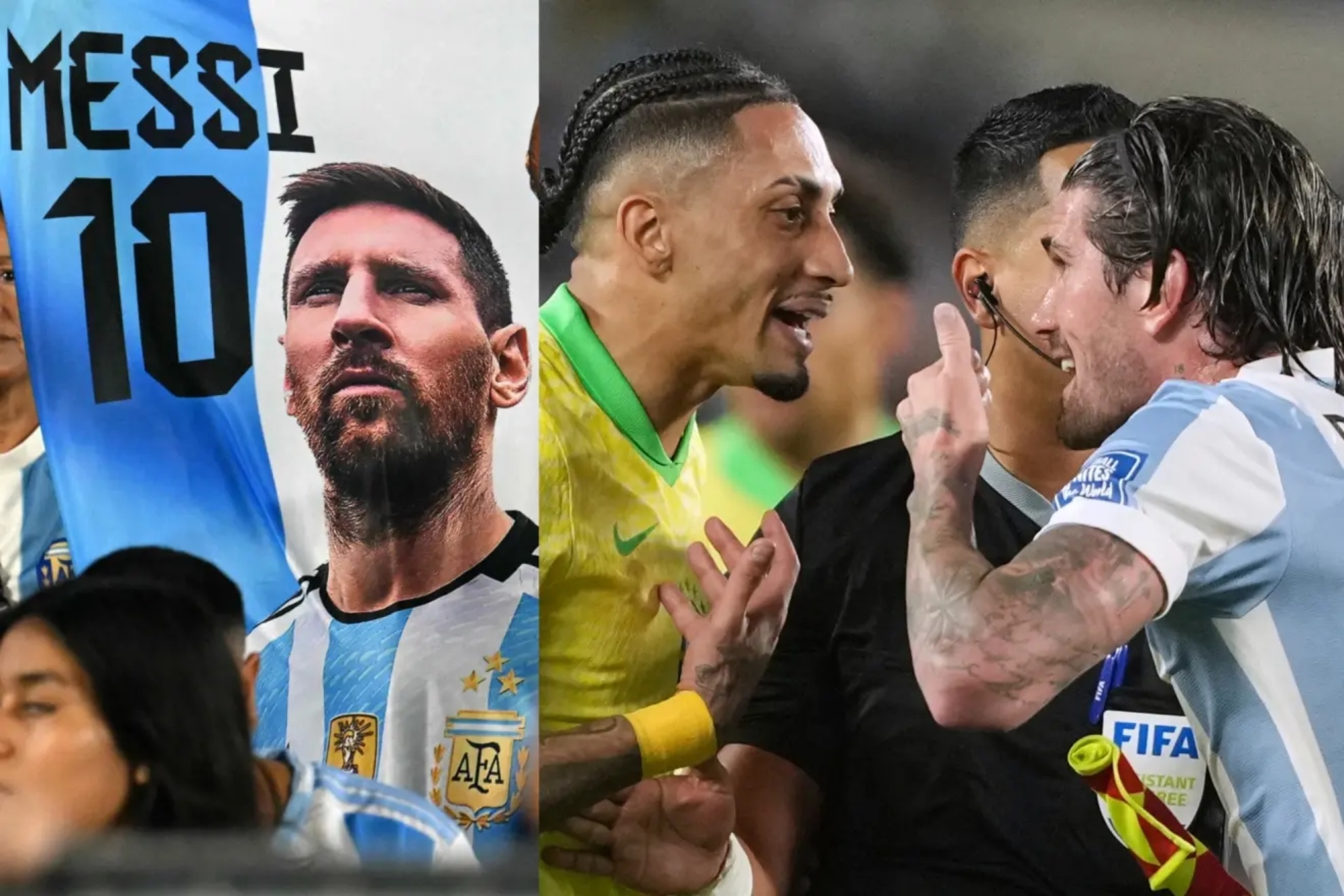 A Messi banner at the Monumental stadium and a match between Raphinha and Rodrigo de Paul.