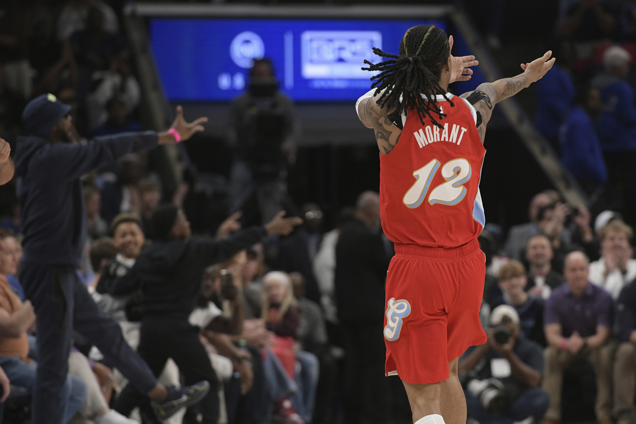 Memphis Grizzlies guard Ja Morant (12) gestures during an NBA basketball game against the Golden State Warriors