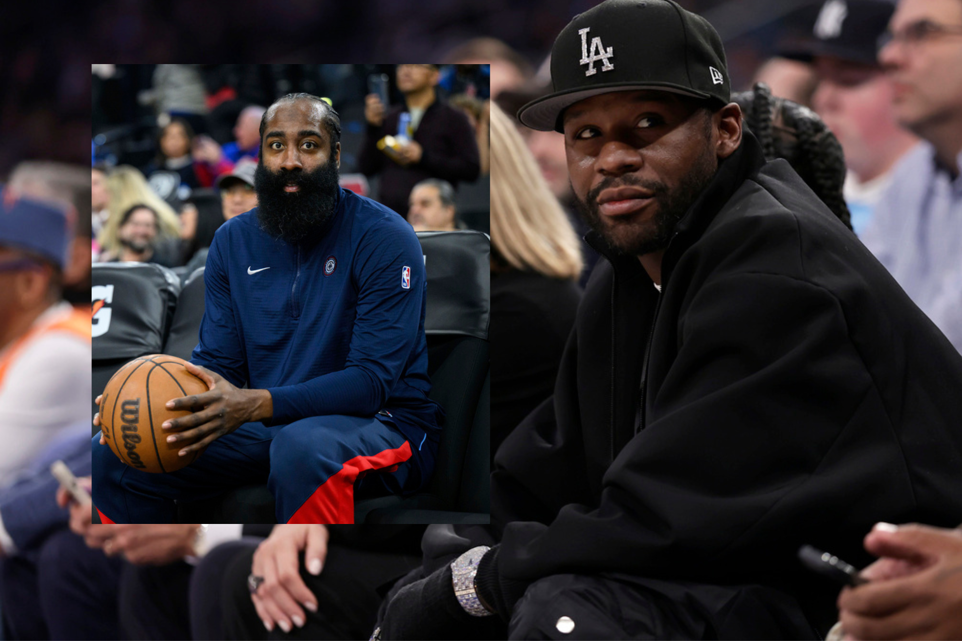 A montage with images of Floyd Mayweather and James Harden.