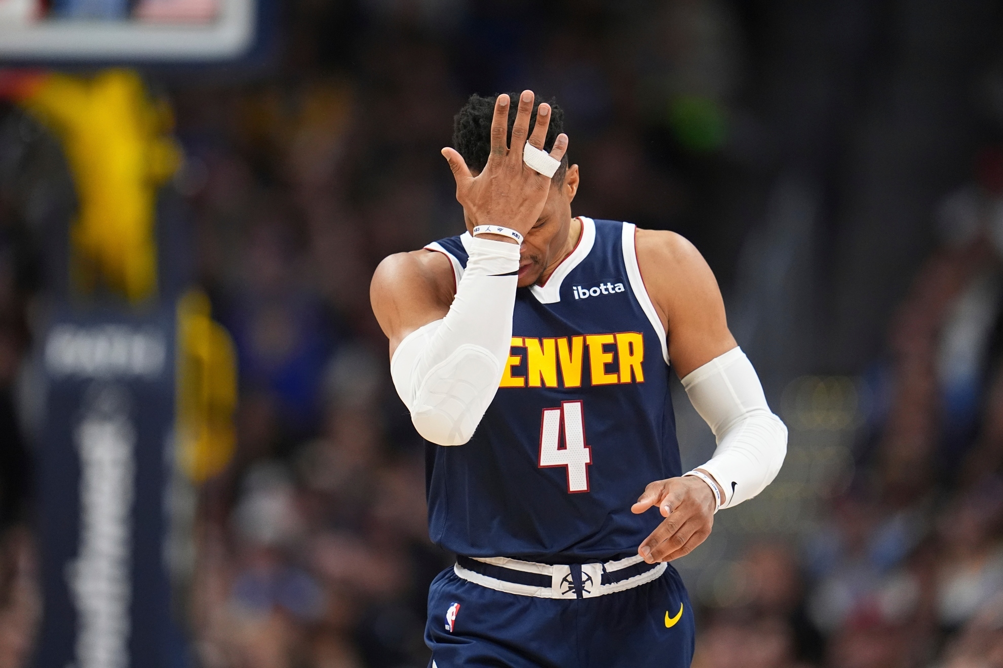 Russell Westbrook reacting in the second half of an NBA game.