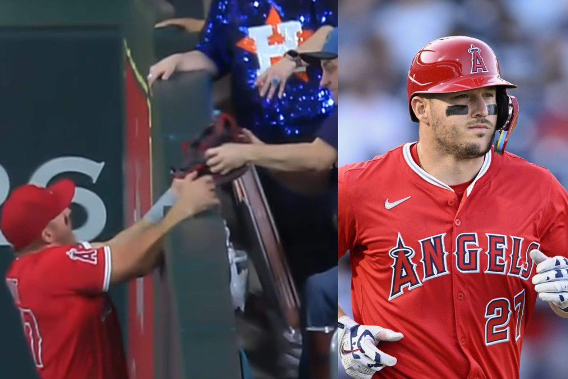 Controversial play in an Astros game causes a dispute between Angels Mike Trout and a Houston fan