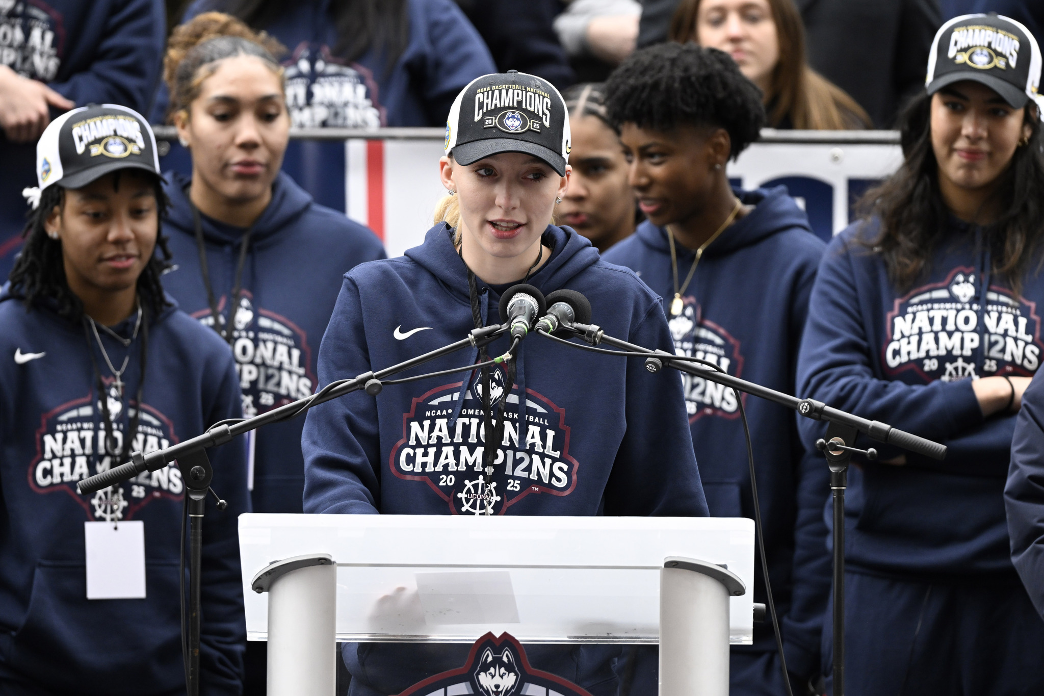 UConns Paige Bueckers speaks during a parade celebrating the Huskies NCAA womens college basketball championship,