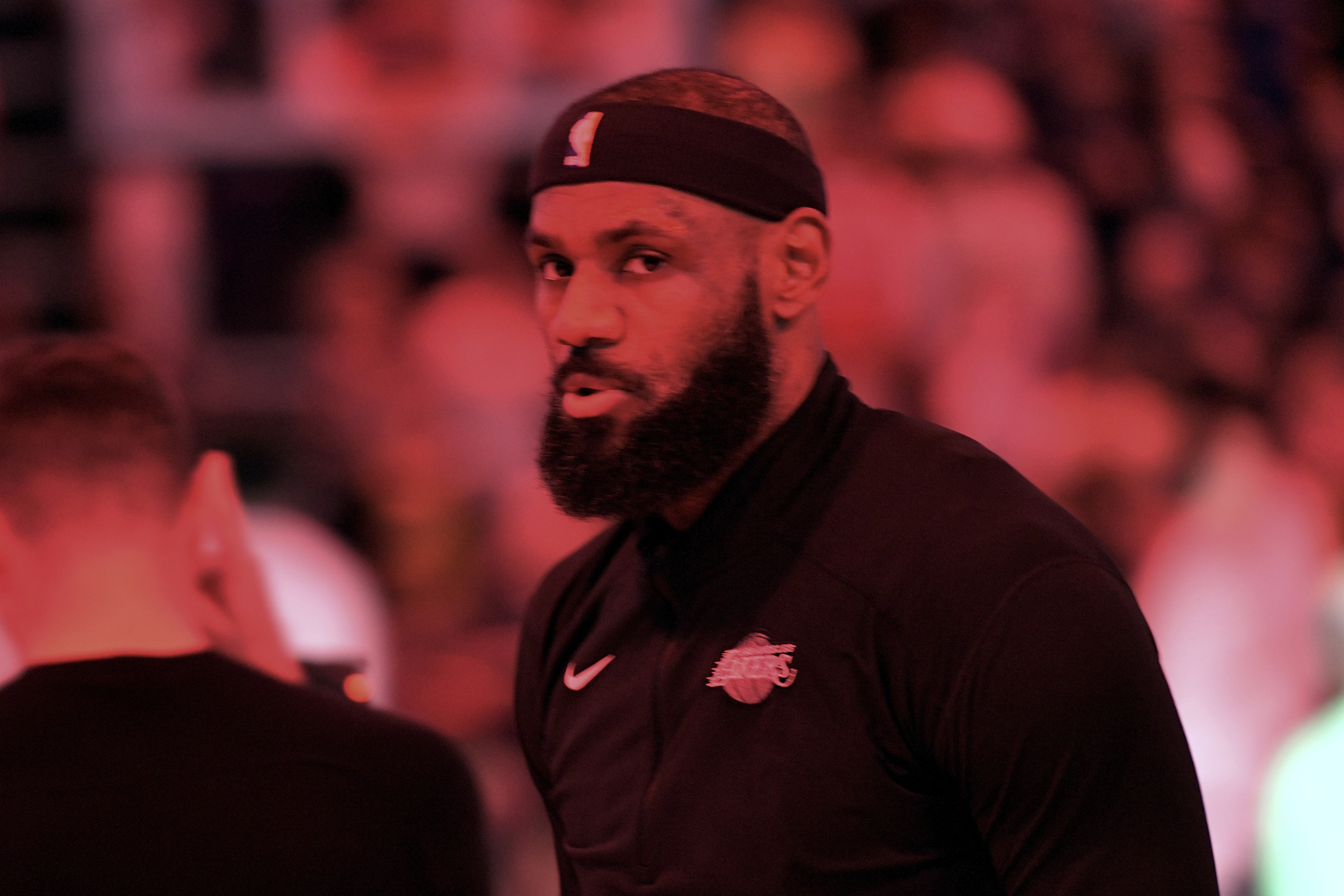 Los Angeles Lakers forward LeBron James warms up before an NBA basketball game