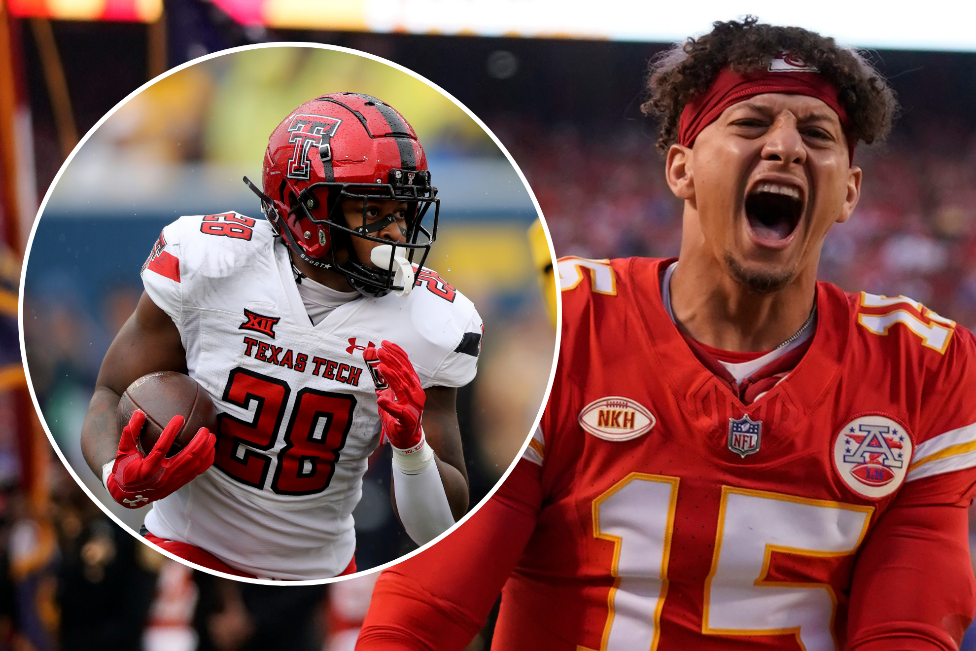 Tahj Brooks from Texas Tech next to Kansas City Chiefs quarterback Patrick Mahomes.