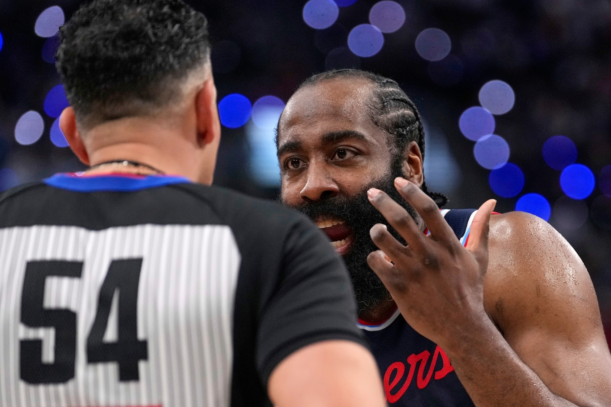 James Harden complains about a call to referee Ray Acosta during and NBA playoff game.
