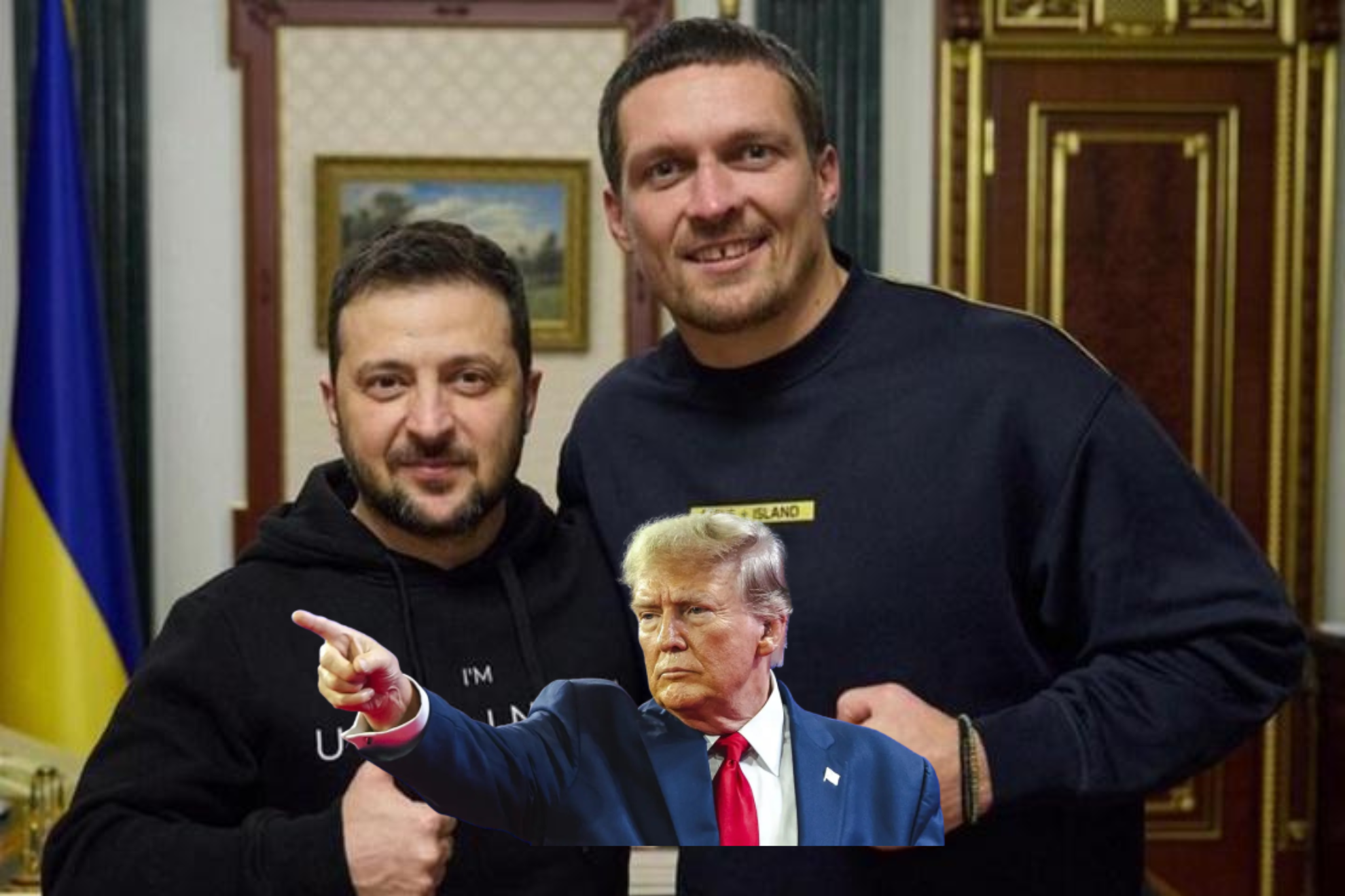Donal Trumps montage in the photo between Ukrainian President Volodymyr Zelensky and Oleksandr Usyk during a meeting at the Presidential Office.