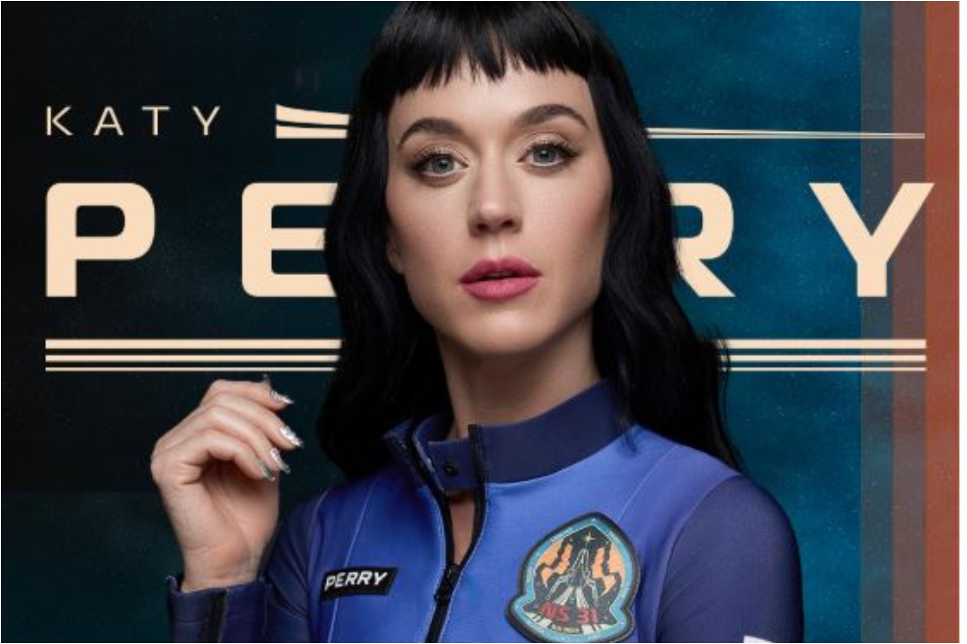 Katy Perry, dressed in the uniform in which she traveled to space.