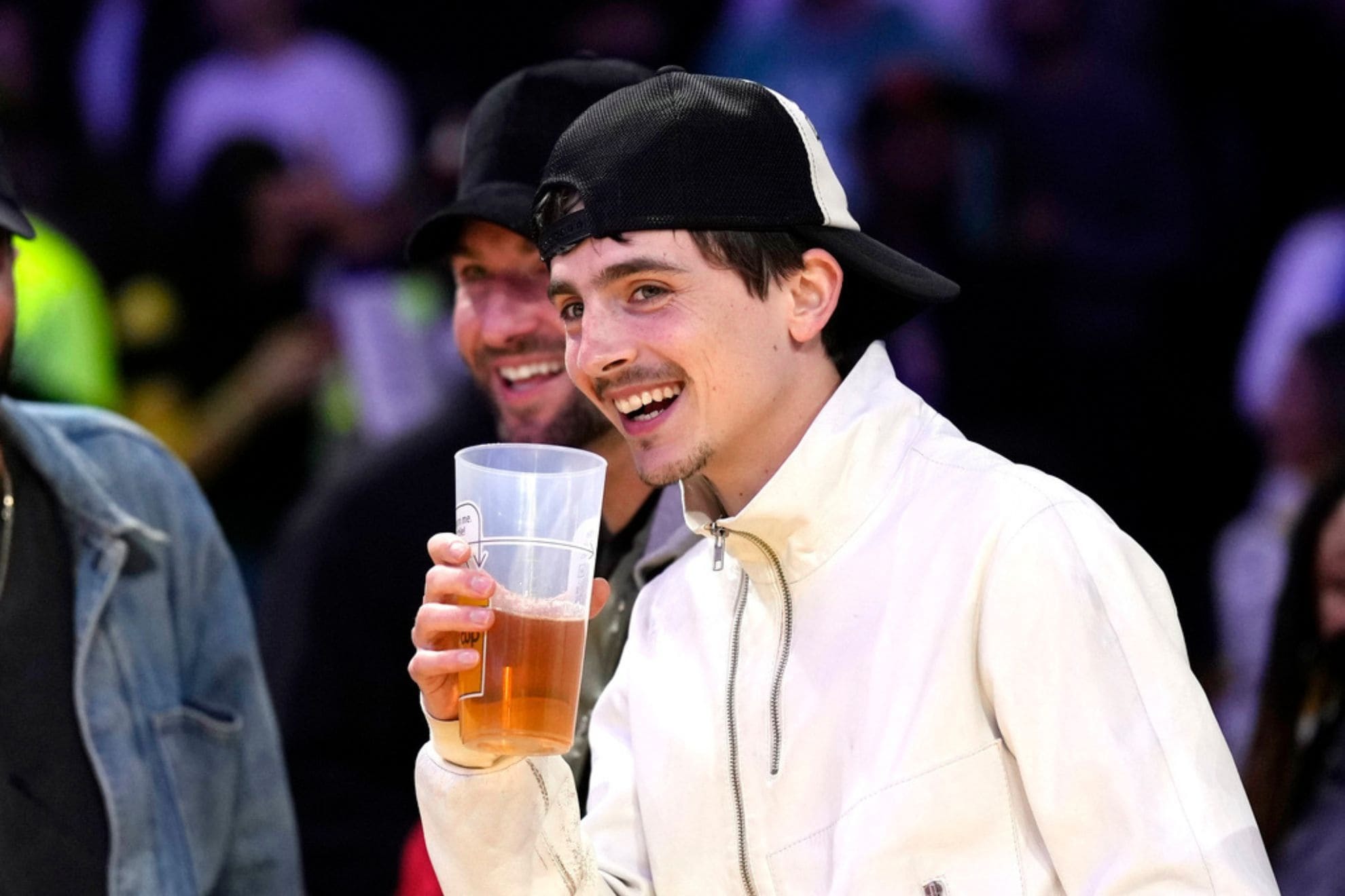 Actor Timoth�e Chalamet watches during the second half of an NBA basketball game between the Los Angeles Lakers and the New York Knicks, Thursday, March 6, 2025, in Los Angeles. (AP Photo/Mark J. Terrill)