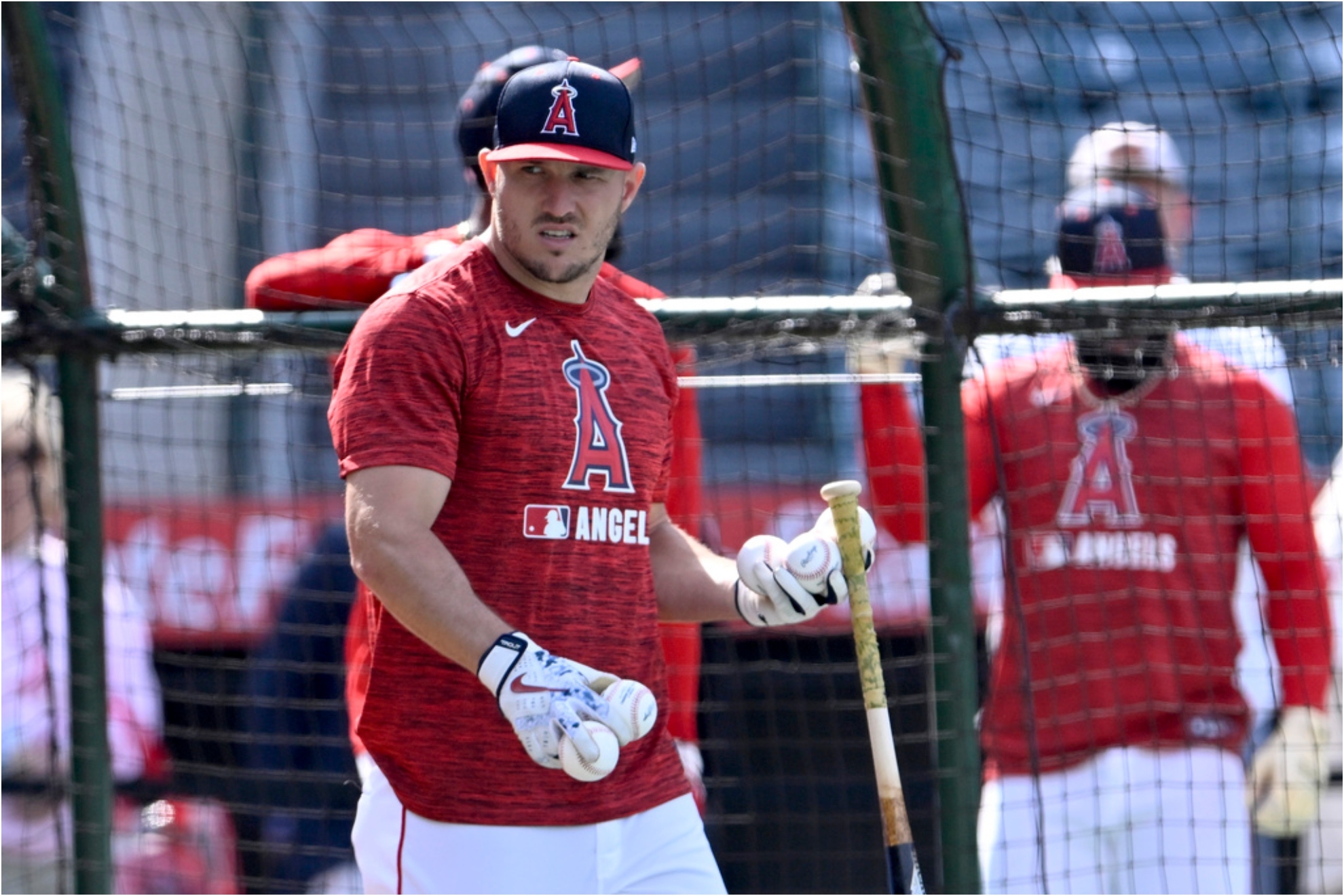 Los Angeles Angels Mike Trout walks out of the batting cage.