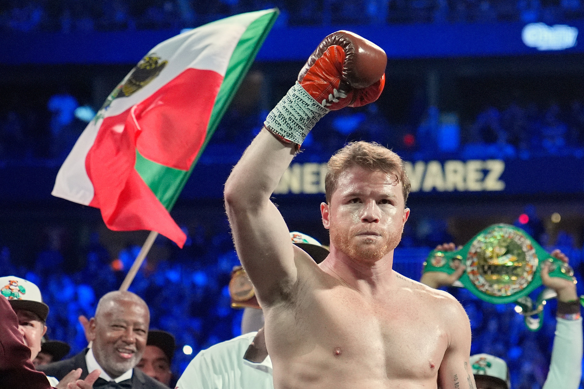 FILE  lt;HIT gt;- Canelo lt;/HIT gt; Alvarez reacts before fighting Edgar Berlanga in a super middleweight title bout Saturday, Sept. 14, 2024, in Las Vegas. (AP Photo/John Locher)