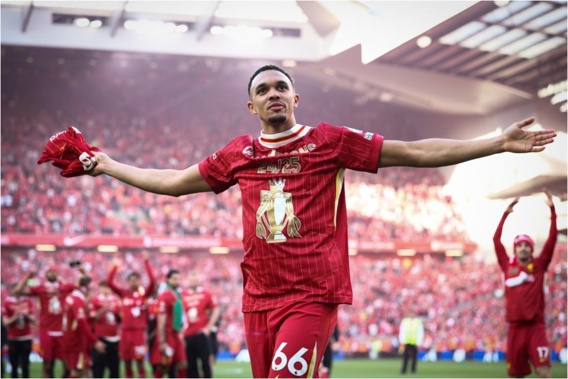 Alexander-Arnold celebrates the Premier League title won by Liverpool.