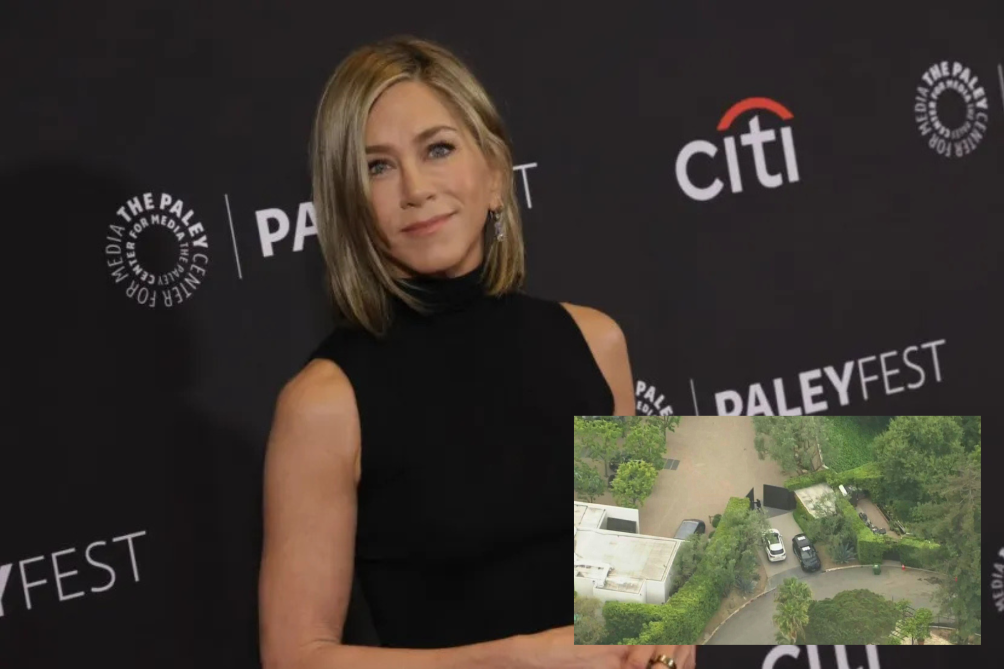 Jennifer Aniston, during a gala and, in the small photo, the entrance of her house.