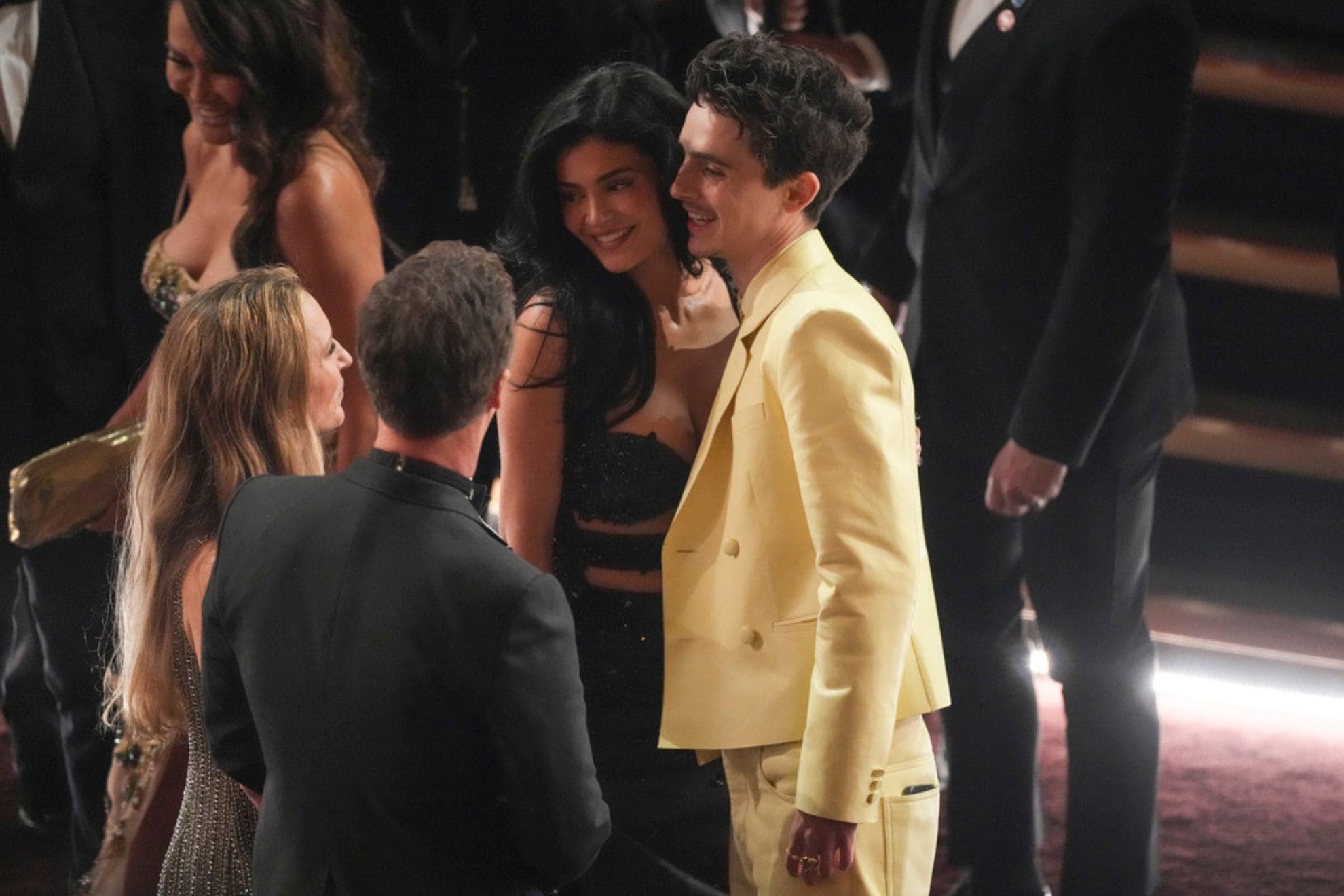 Shauna Robertson, from left, Edward Norton, Kylie Jenner, and Timothee Chalamet in the audience during the Oscars on Sunday, March 2, 2025, at the Dolby Theatre in Los Angeles. (AP Photo/Chris Pizzello)