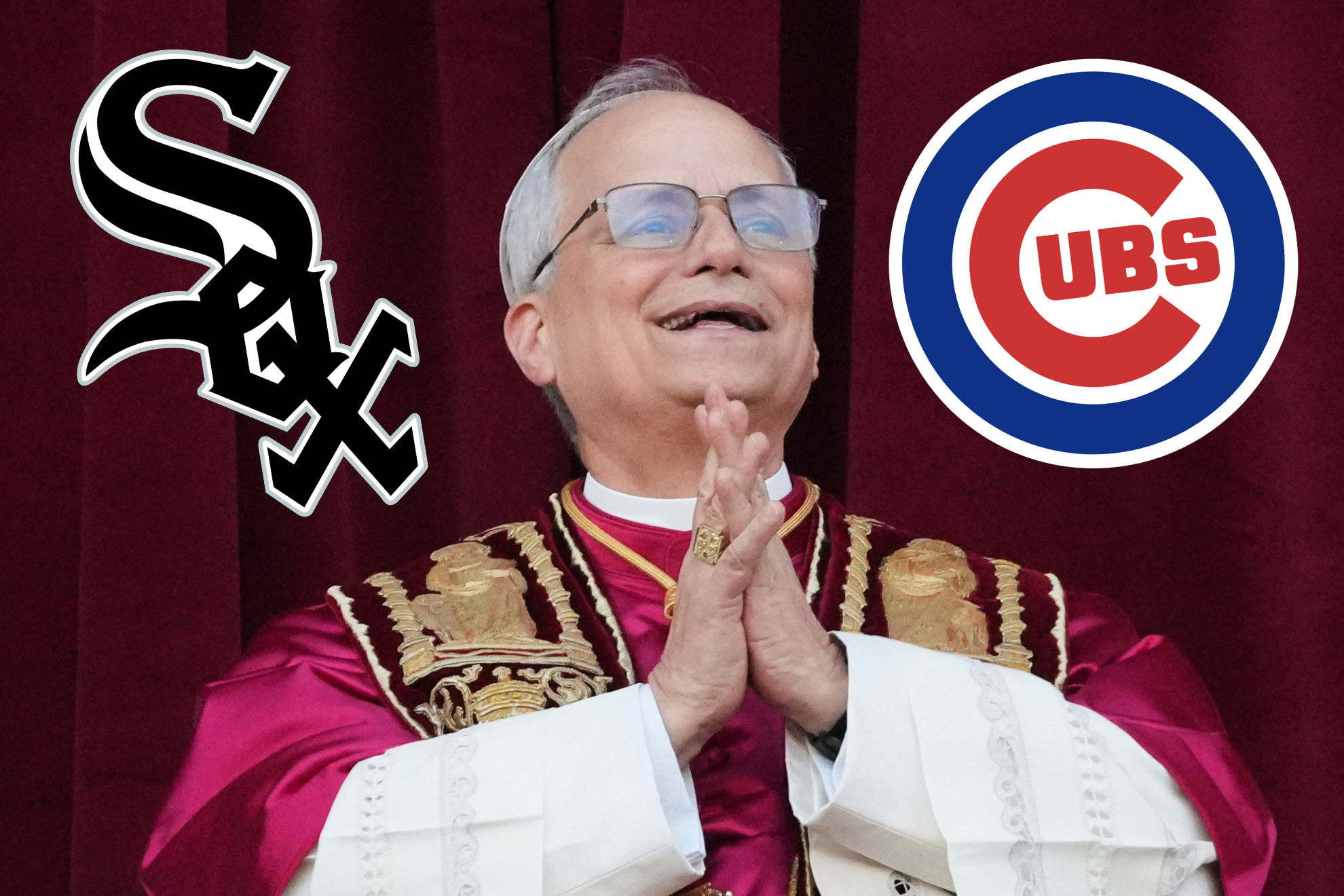 Pope Leo XIV next to the two team crests of Chicago.