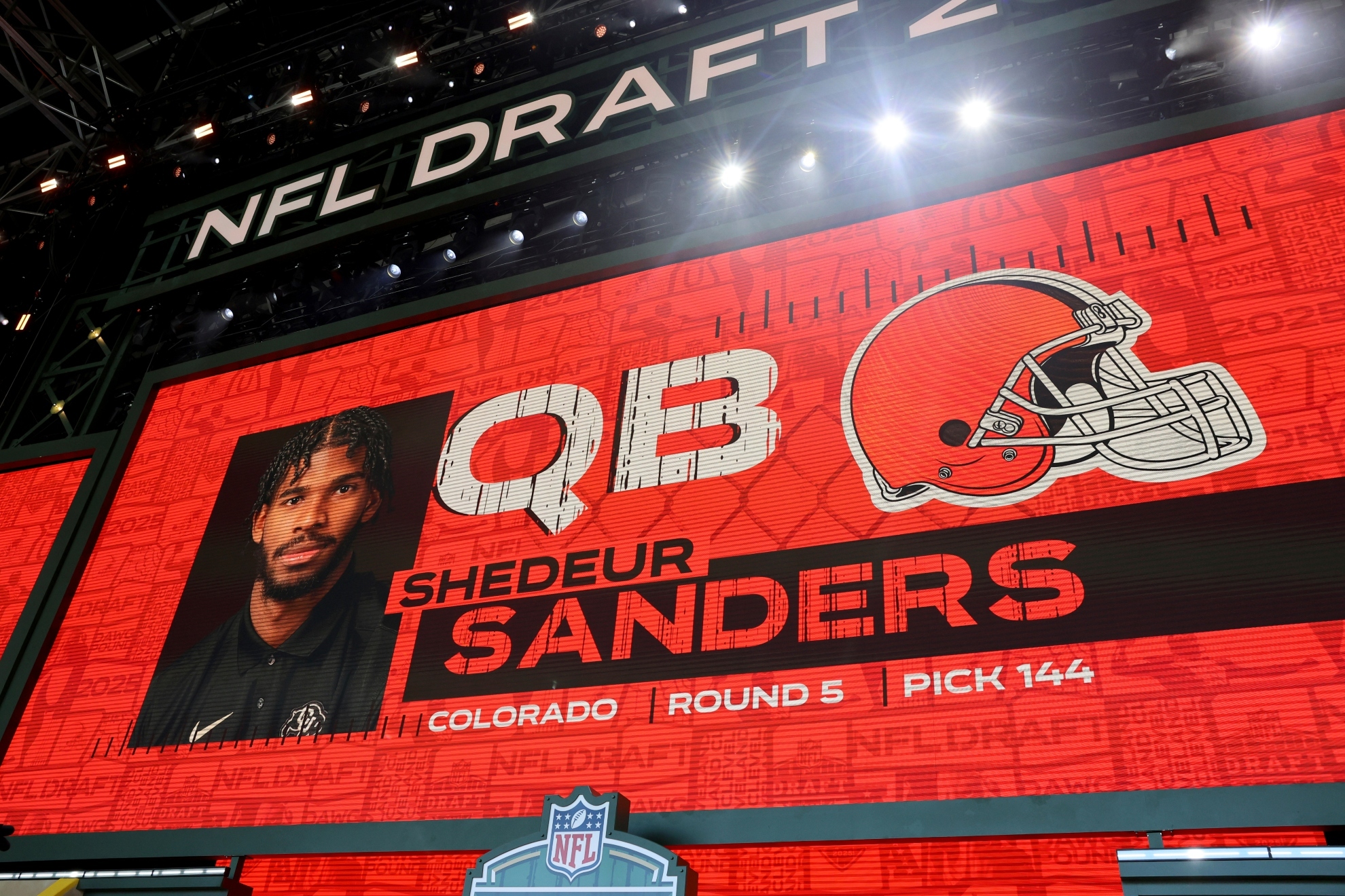 A graphic is shown after the Cleveland Browns select Shedeur Sanders in round 5 on Day 3 of the 2025 NFL Draft.