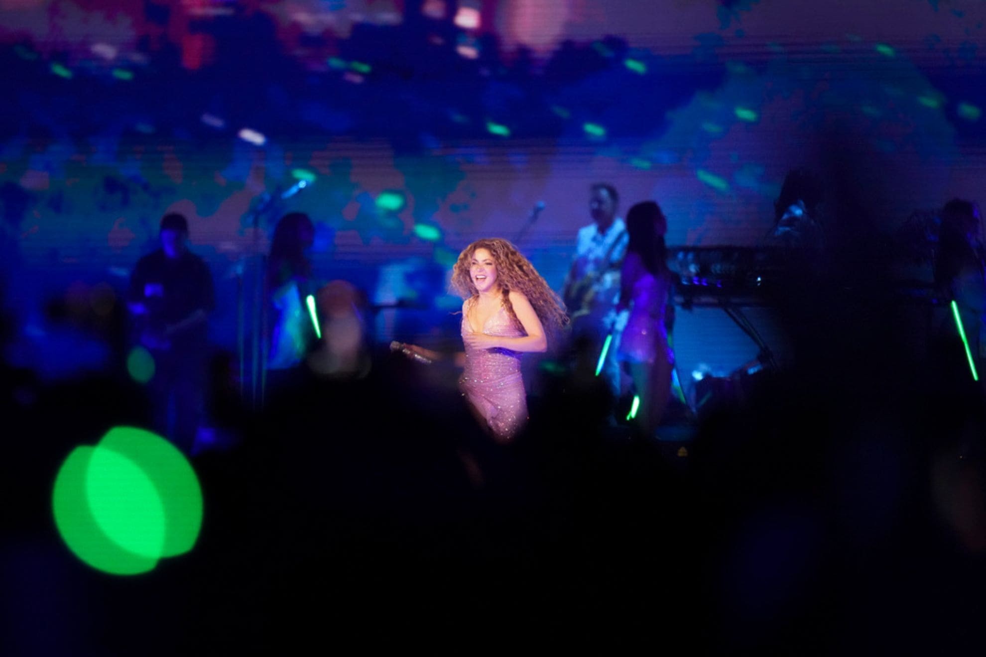 Colombian superstar Shakira performs during her Las Mujeres Ya No Lloran, or Women Dont Cry Anymore, world tour in Mexico City, Wednesday, March 19, 2025. (AP Photo/Eduardo Verdugo)