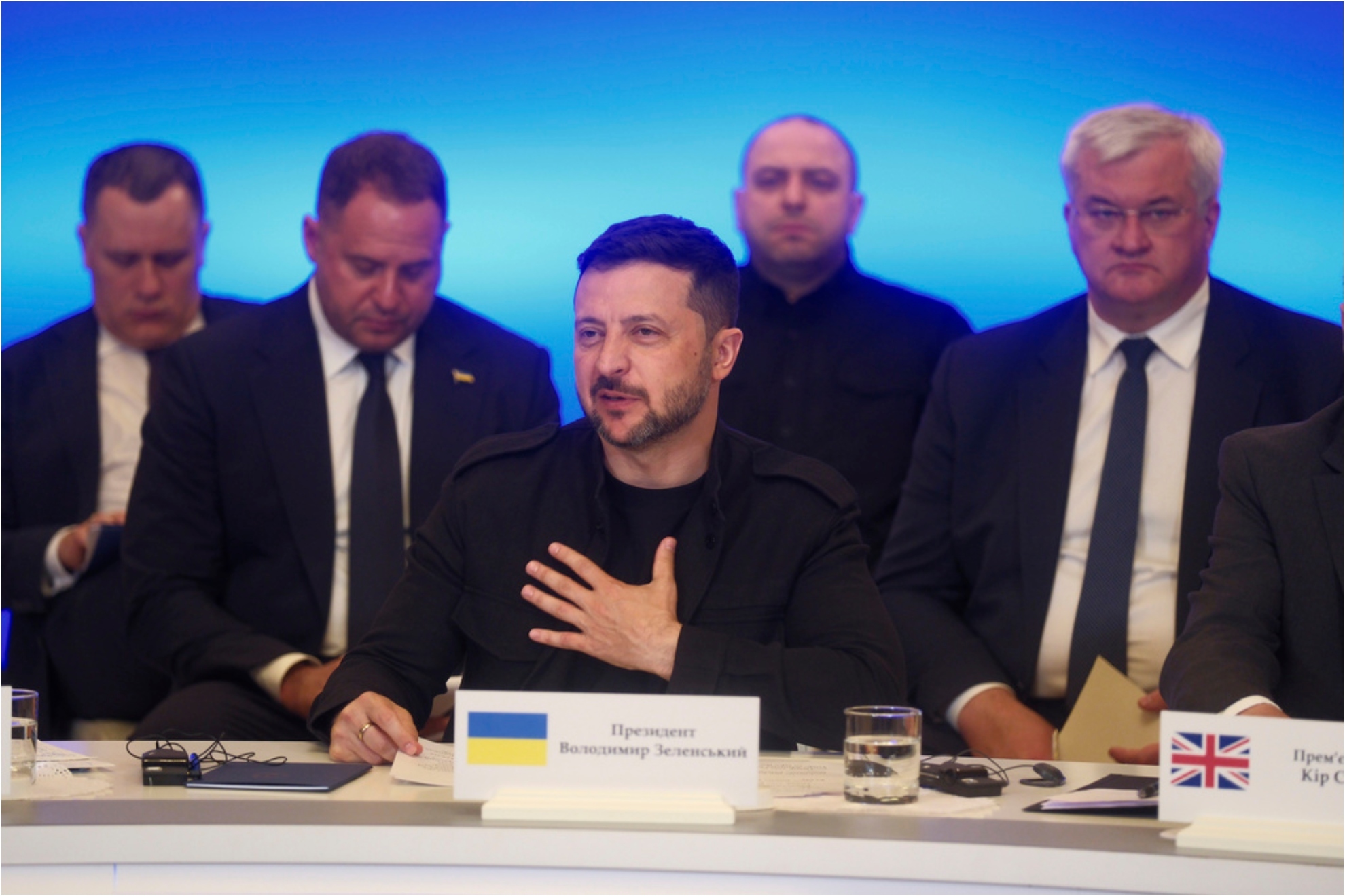 Ukrainian President Volodymyr Zelenskyy speaks during a meeting at Mariinsky Palace in Kyiv, Ukraine.