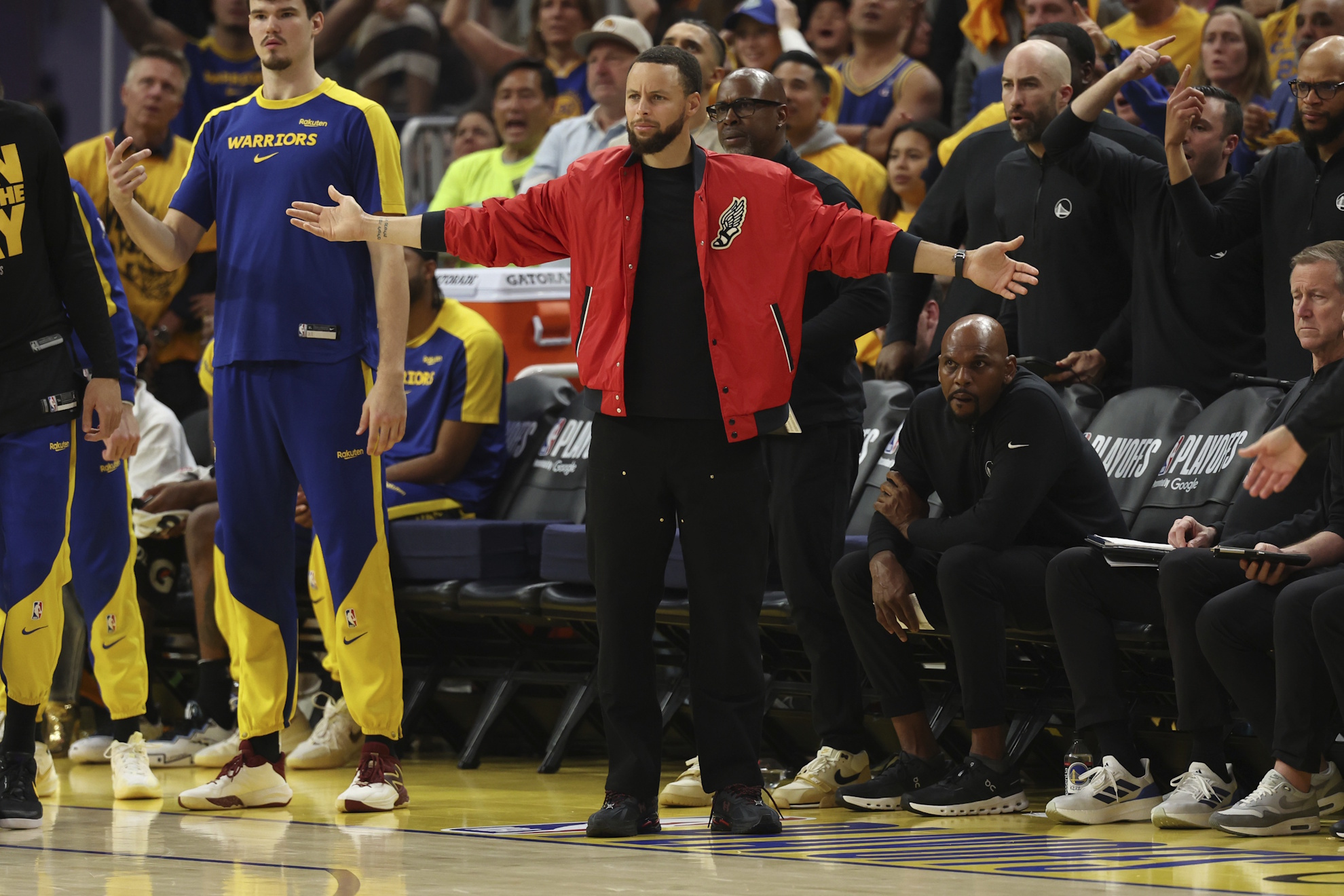 Stephen Curry Golden State Warriors Minnesota Timberwolves guard bench Game 4 Western Conference semifinals NBA basketball playoffs San Francisco