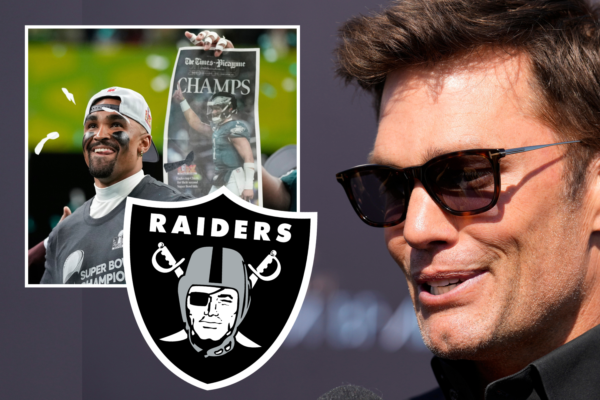 Tom Brady next to Jalen Hurts of the Philadelphia Eagles.