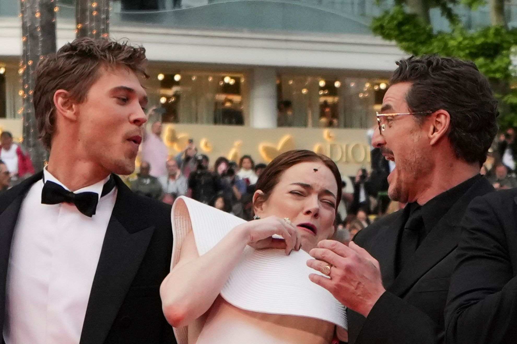 Emma Stone gets attacked by a wasp during the Cannes Film Festival red carpet