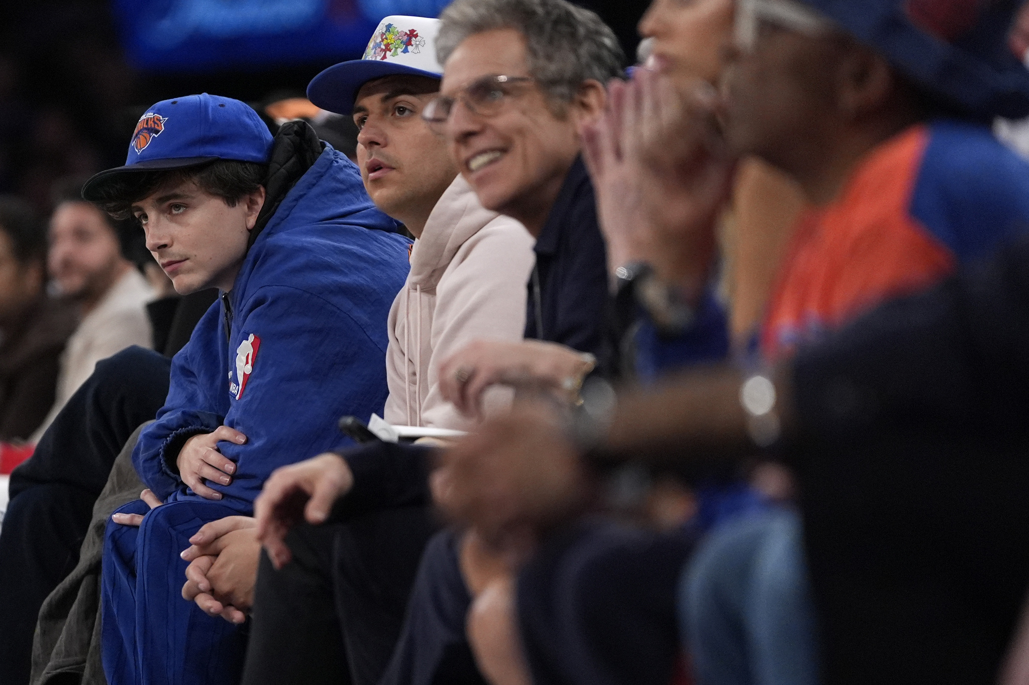 Timoth�e Chalamet watches the first half of Game 3 of an NBA basketball second-round playoff series between the New York Knicks and the Boston Celtics, Saturday, May 10, 2025, in New York. (AP Photo/Pamela Smith)