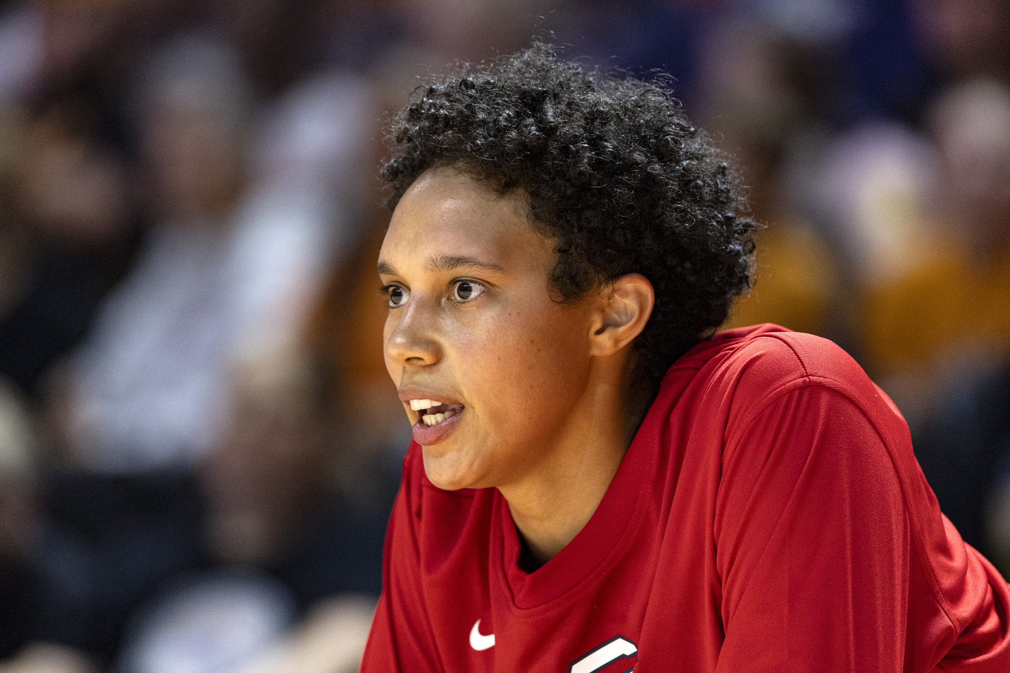 Team USAs Brittany Griner watches play during the second half of an NCAA college basketball exhibition game against Tennessee, Sunday, Nov. 5, 2023, in Knoxville, Tenn. (AP Photo/Wade Payne)