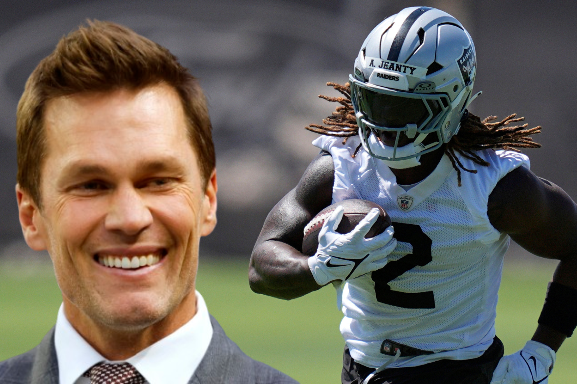 Ashton Jeanty of the Las Vegas Raiders alongside Tom Brady, minority owner of the team.