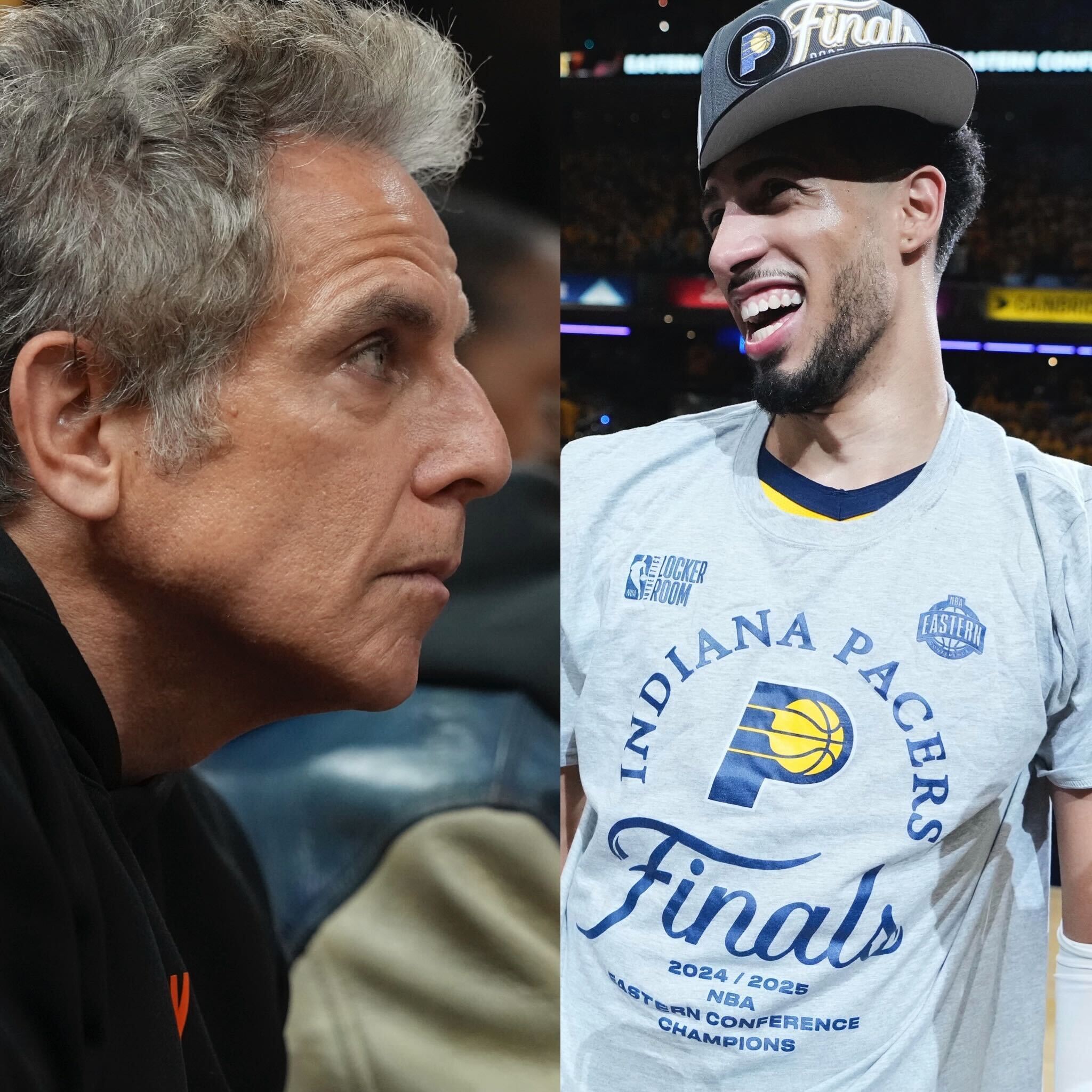 Ben Stiller (left) attend game 6 of the Eastern Conference Finals and Tyrese Haliburton after winning Game 6 to reach the NBA Finals