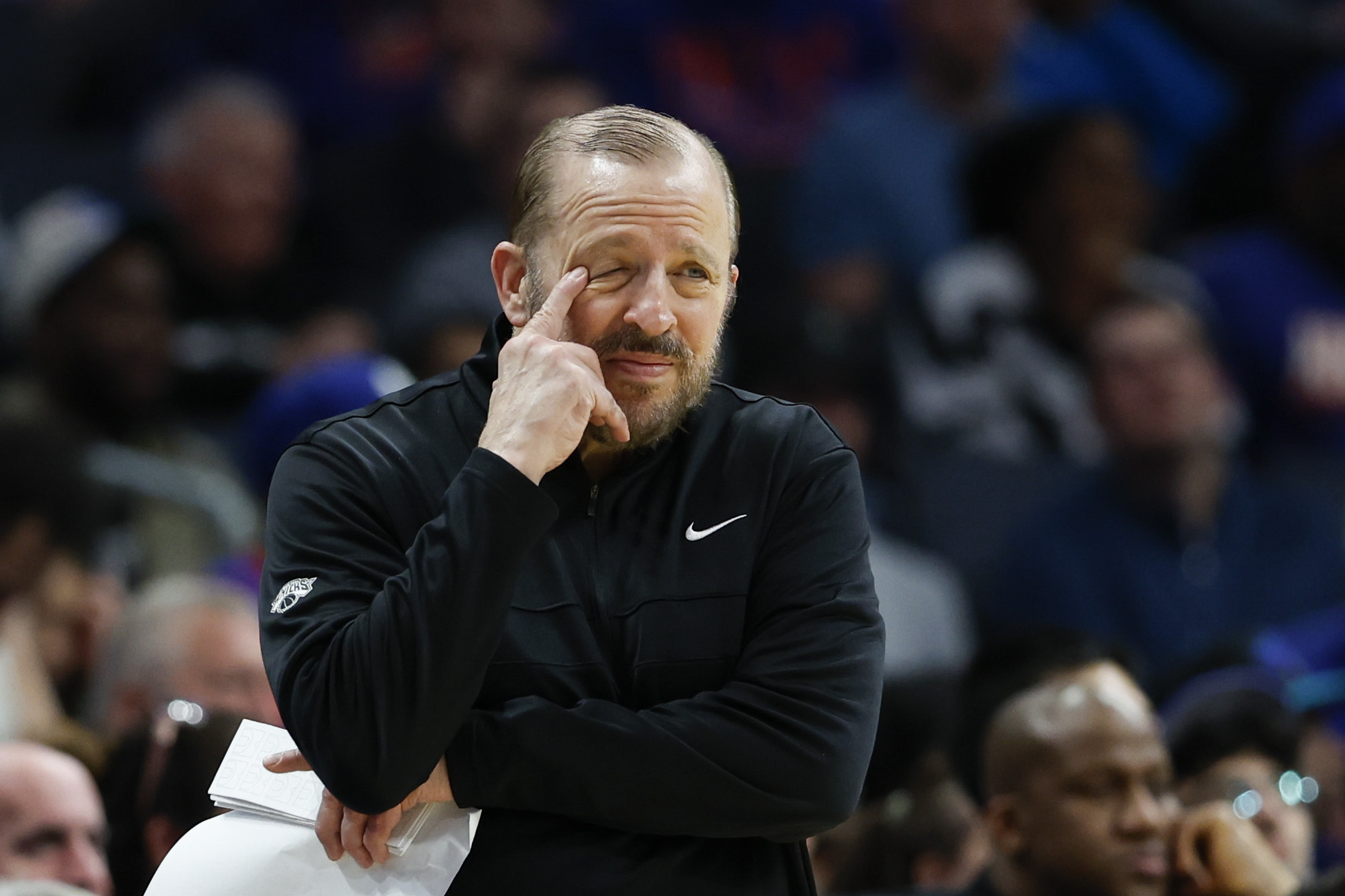 Former New York Knicks head coach Tom Thibodeau watches as the Knicks play an NBA game against Charlotte Hornets