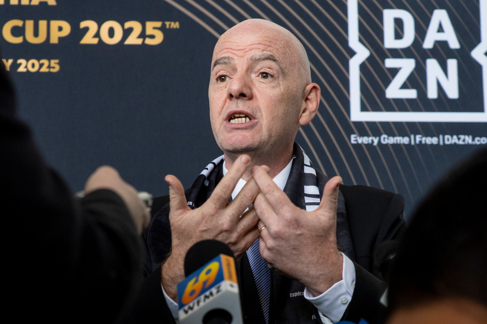 FIFA President Gianni Infantino speaks to the media at a welcoming event for the 2025 FIFA Club World Cup soccer tournament, Thursday, April 10, 2025, in Philadelphia.
