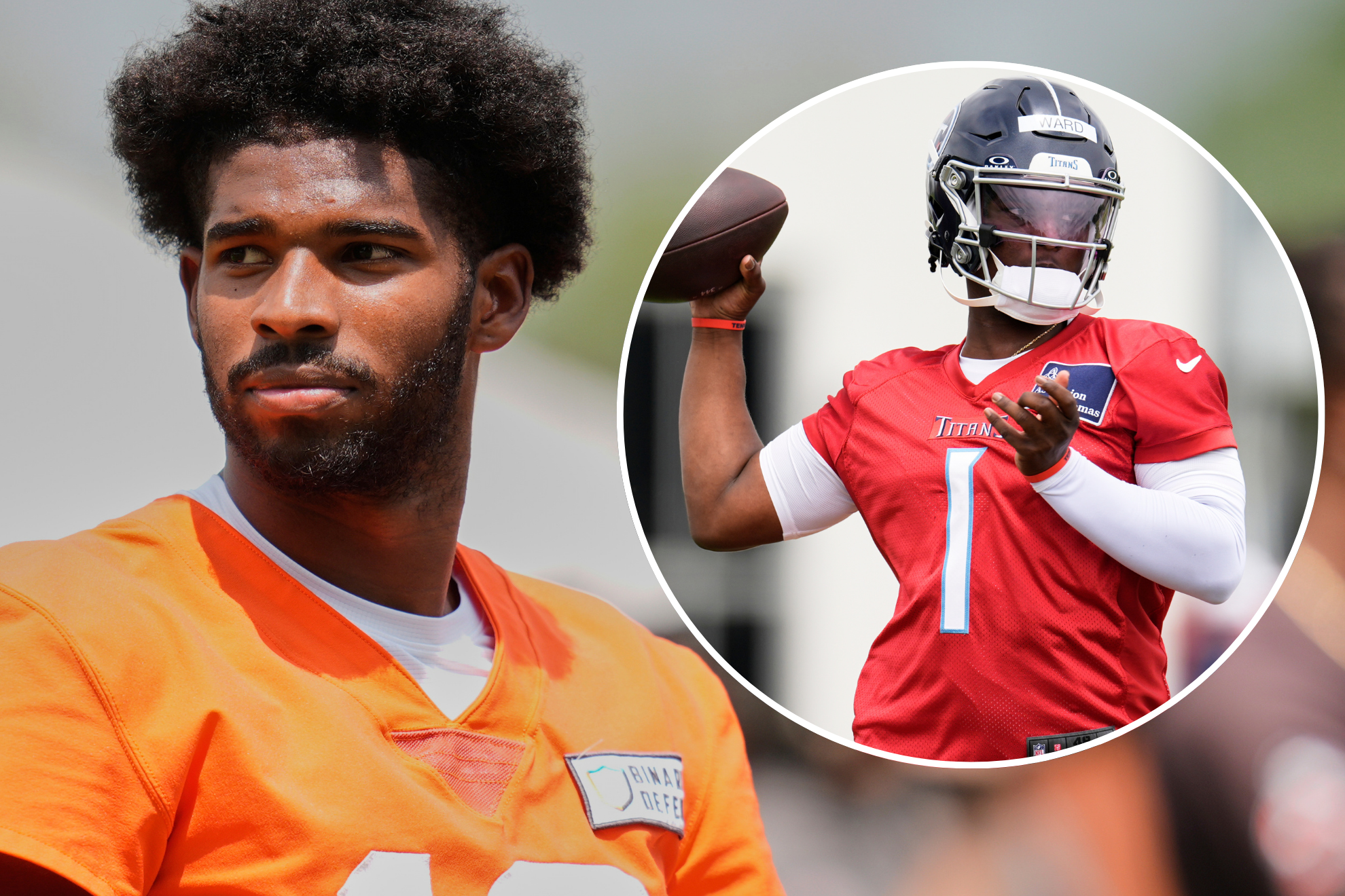 Shedeur Sanders of the Cleveland Browns alongside Cam Ward of the Tennessee Titans.