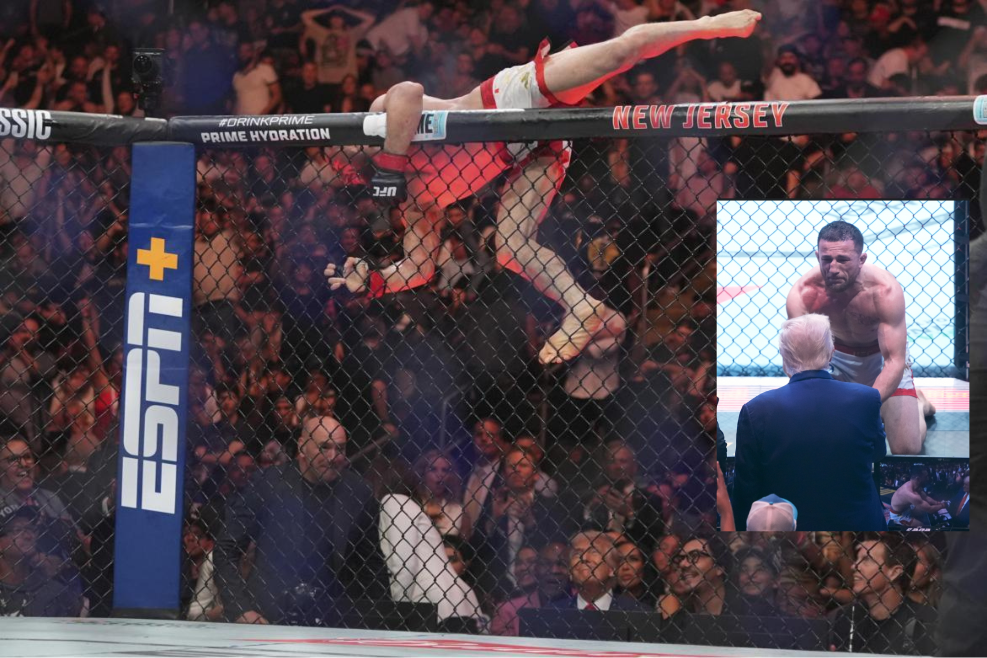 Merab Dvalishvili jumps up to go greet President Donald Trump at ringside.