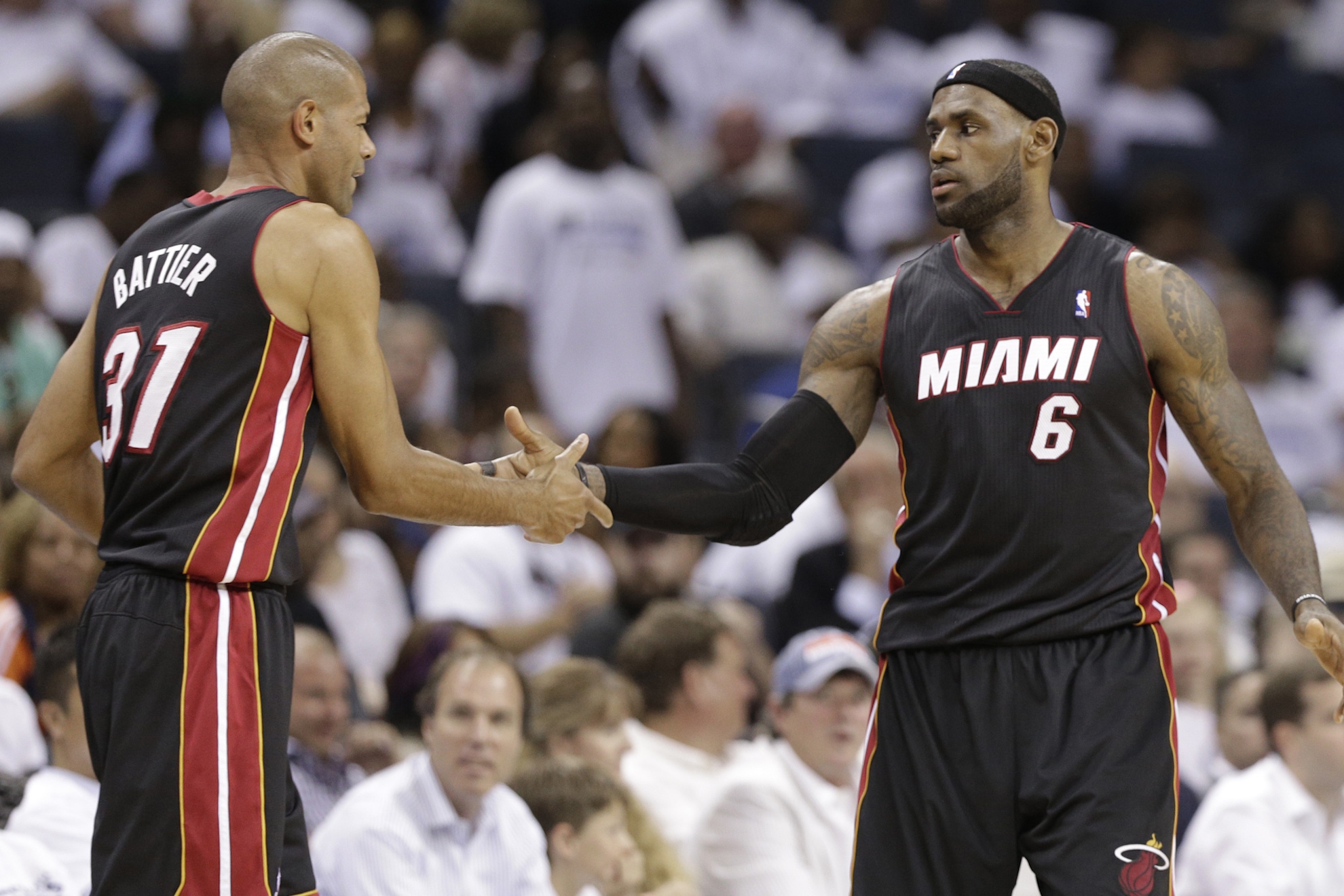 Miami Heats LeBron James (6) is congratulated by Shane Battier (31) Scoring Record Heat Era Basketball