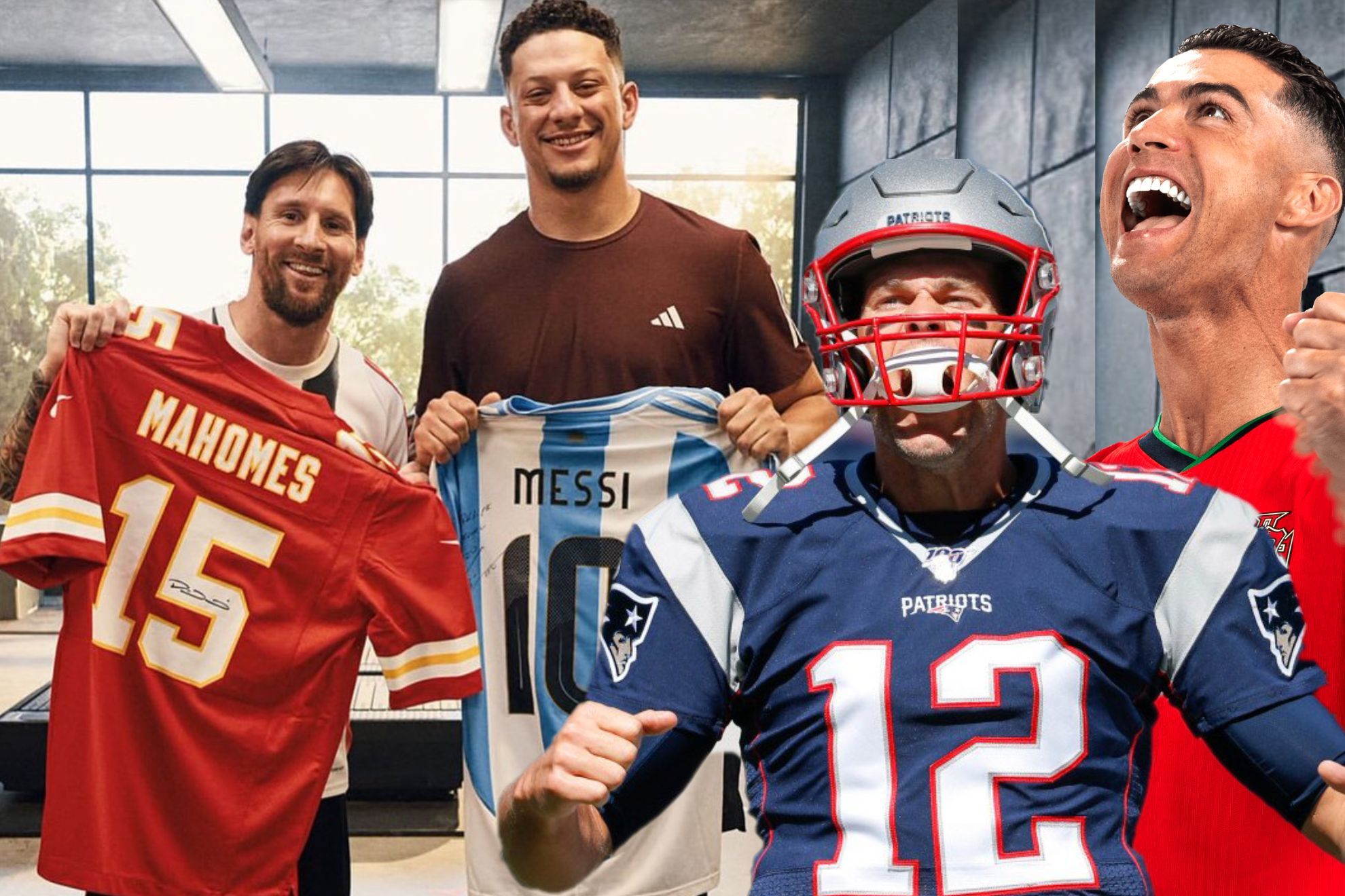 Patrick Mahomes and Messi posing together, with Tom Brady and Cristiano Ronaldo standing beside them.