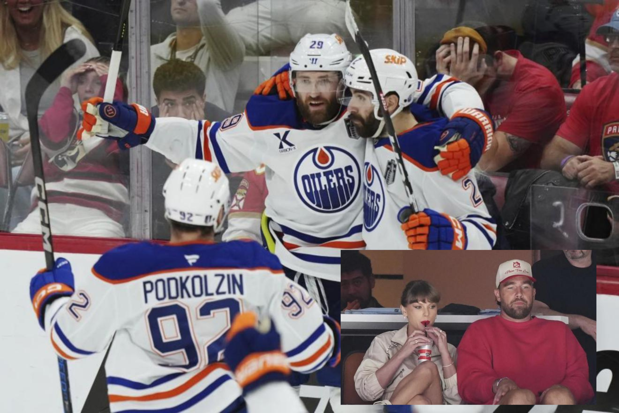 The Oilers celebrate a goal in the final under the gaze of Taylor Swift and Travis Kelce.