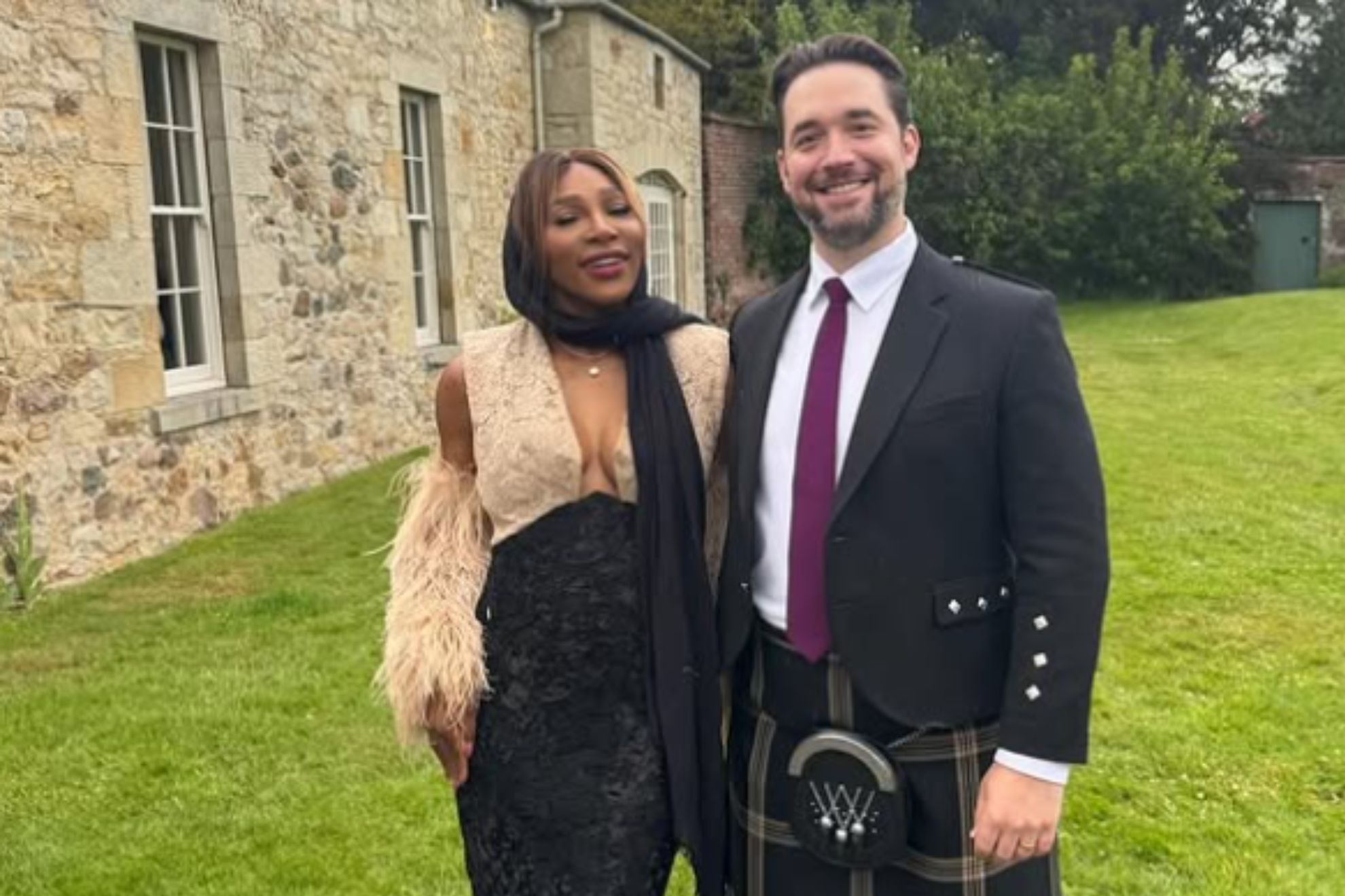 Serena Williams poses with her husband Alexis Ohanian, who wore a kilt at a wedding in Scotland