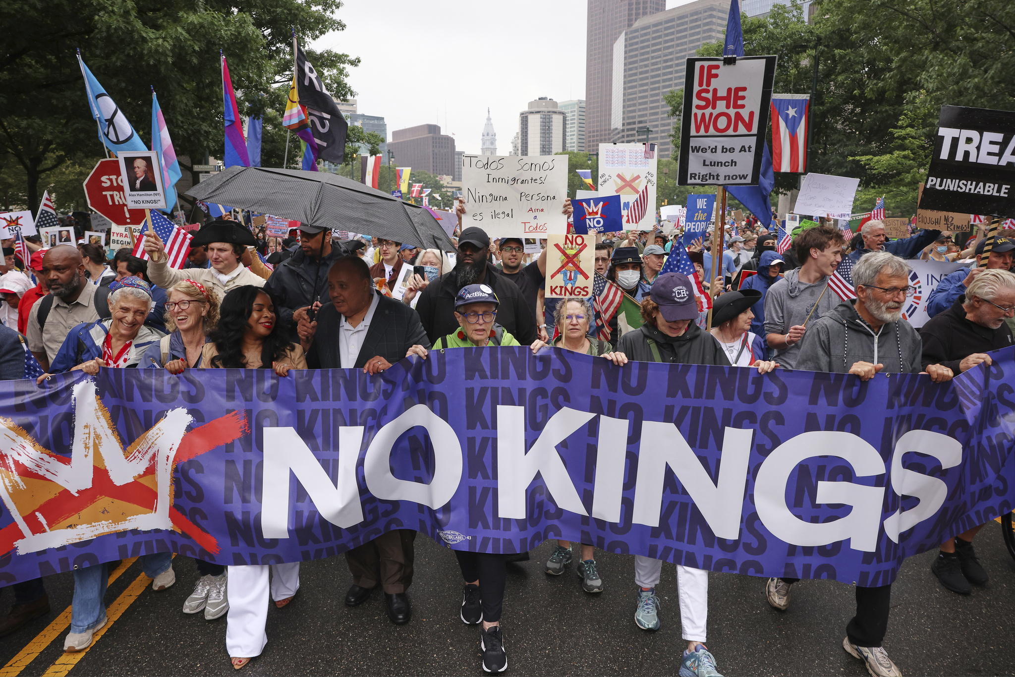 Arndrea Waters King, third from left, and Martin Luther King III, fourth from left, march in the No Kings protest,