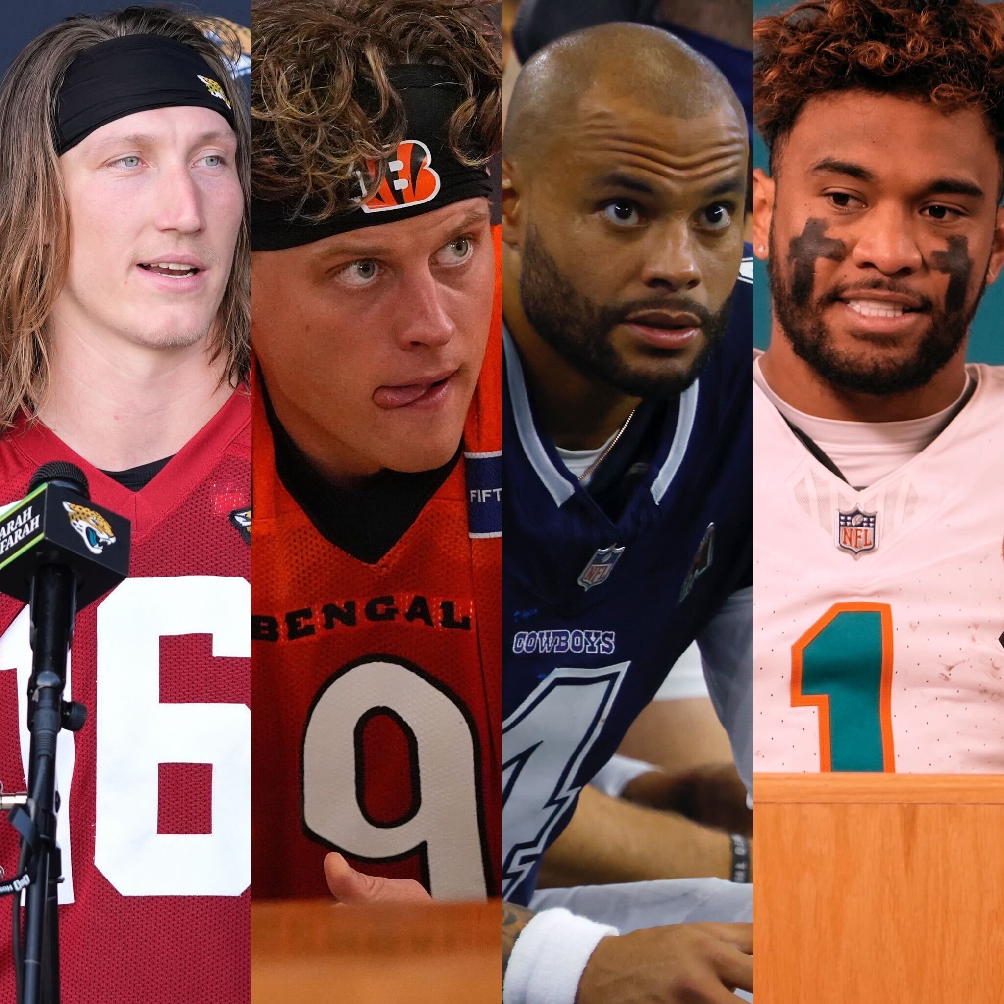 Trevor Lawrence from the Jaguars (far left), Joe Burrow from the Bengals (center left), Dak Prescott from the Cowboys (center right), and Tua Tagovailoa from the Dolphins (right)