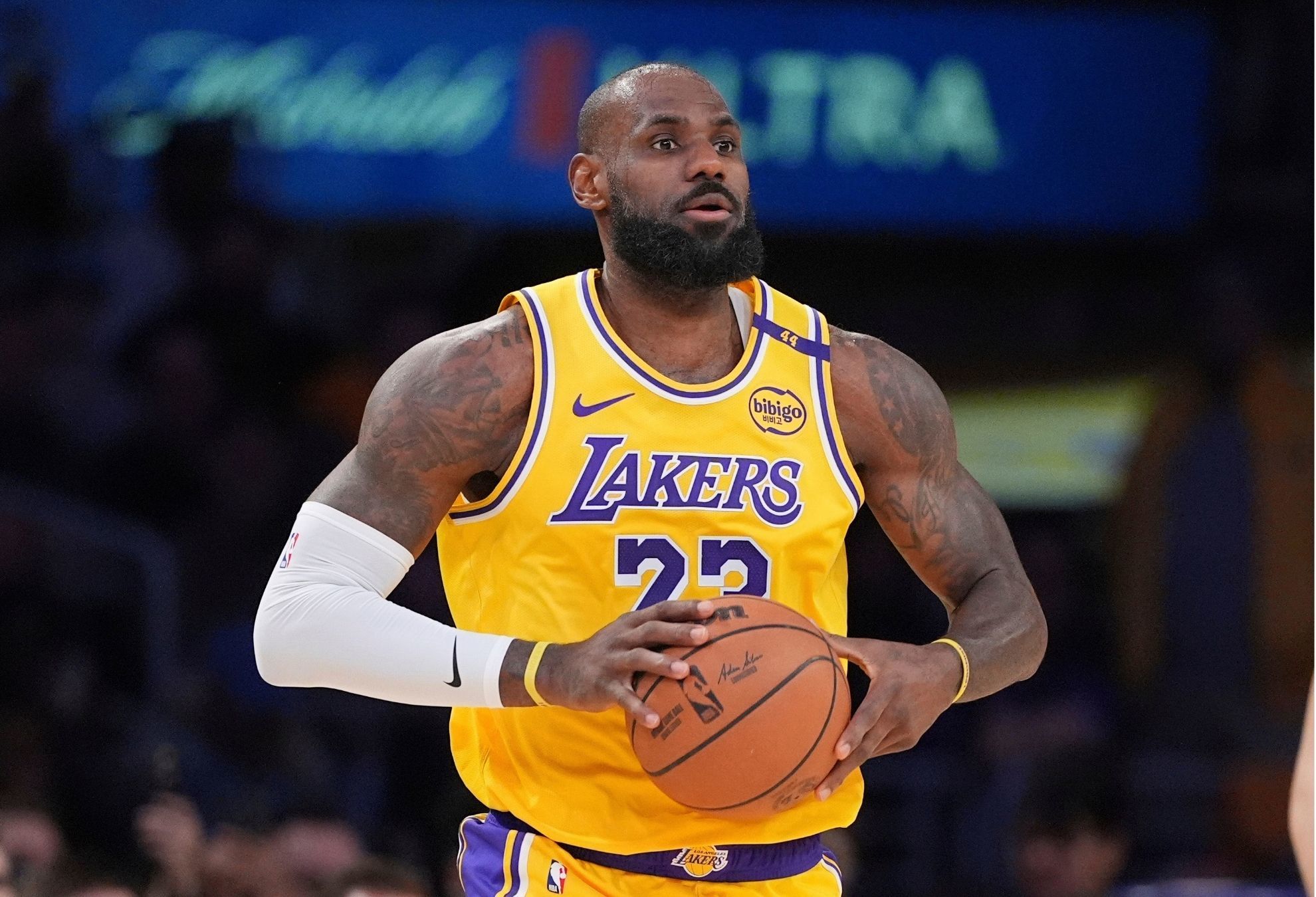 Los Angeles Lakers forward LeBron James appears during the first half of an NBA
