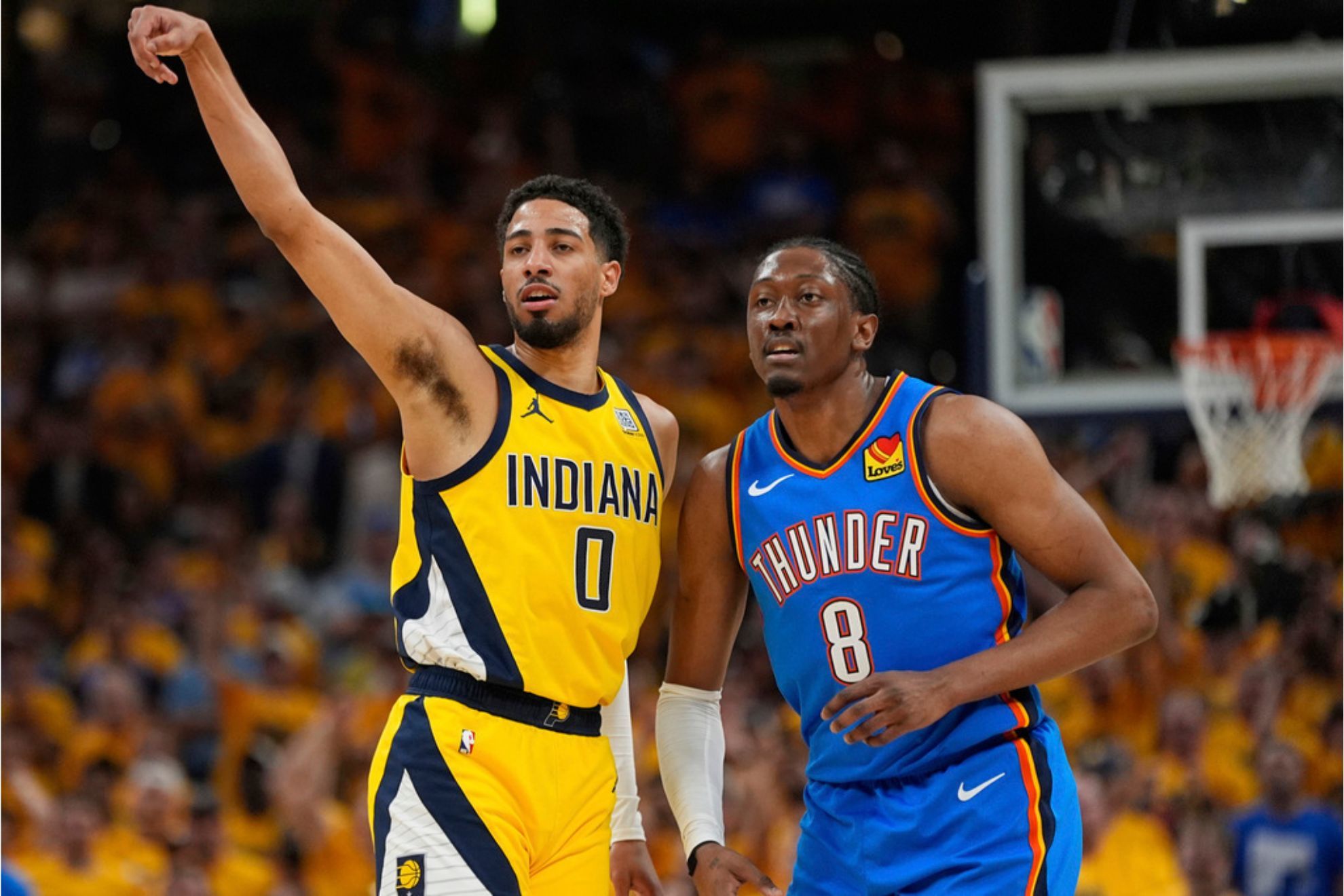 Tyrese Haliburton and Jalen Williams during the first half of Game 6 of the NBA Finals, Thursday, June 19, 2025, in Indianapolis.