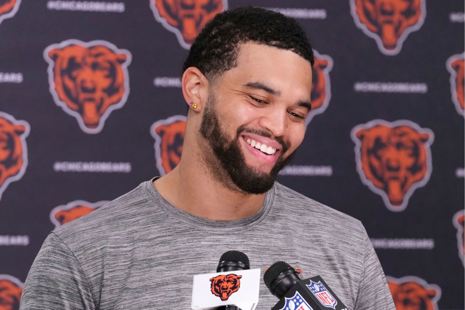 Chicago Bears quarterback Caleb Williams talks to media at a news conference after NFL football practice.