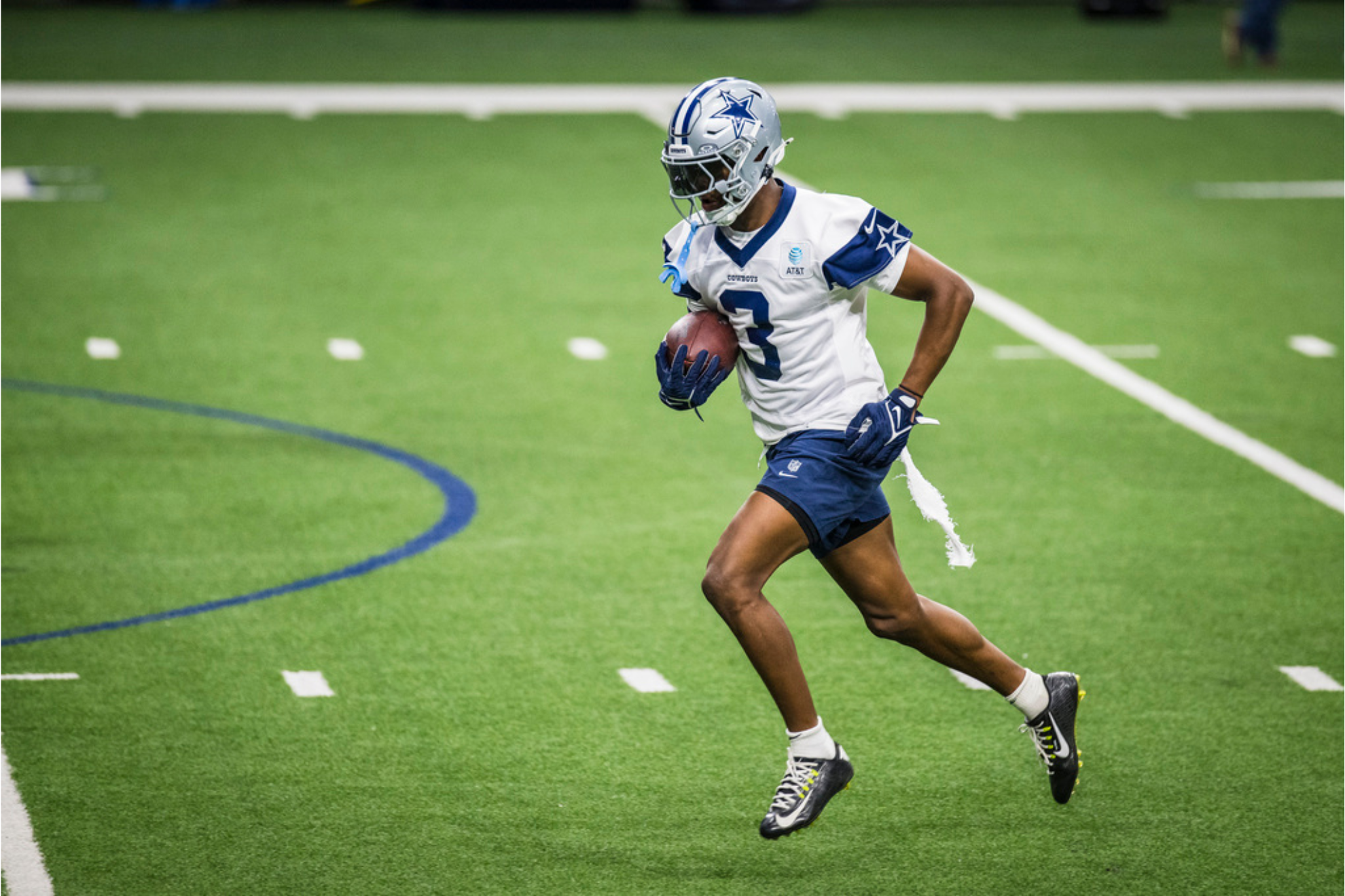 Dallas Cowboys George Pickens runs the football during practice at NFL football minicamp at the Cowboys facility