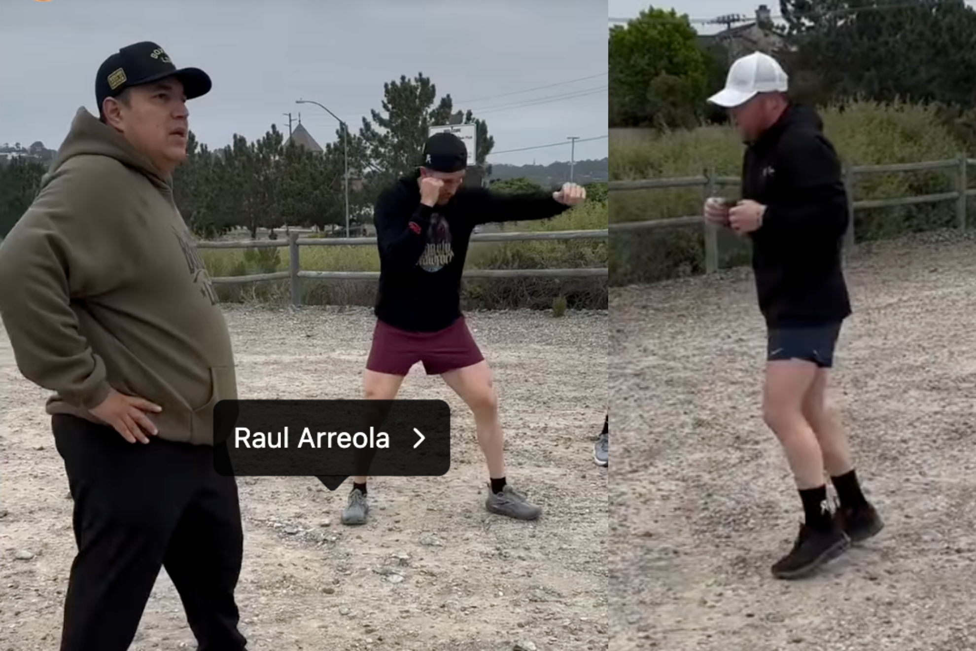 Eddy Reynoso looks on while Canelo Alvarez and his team train outside.