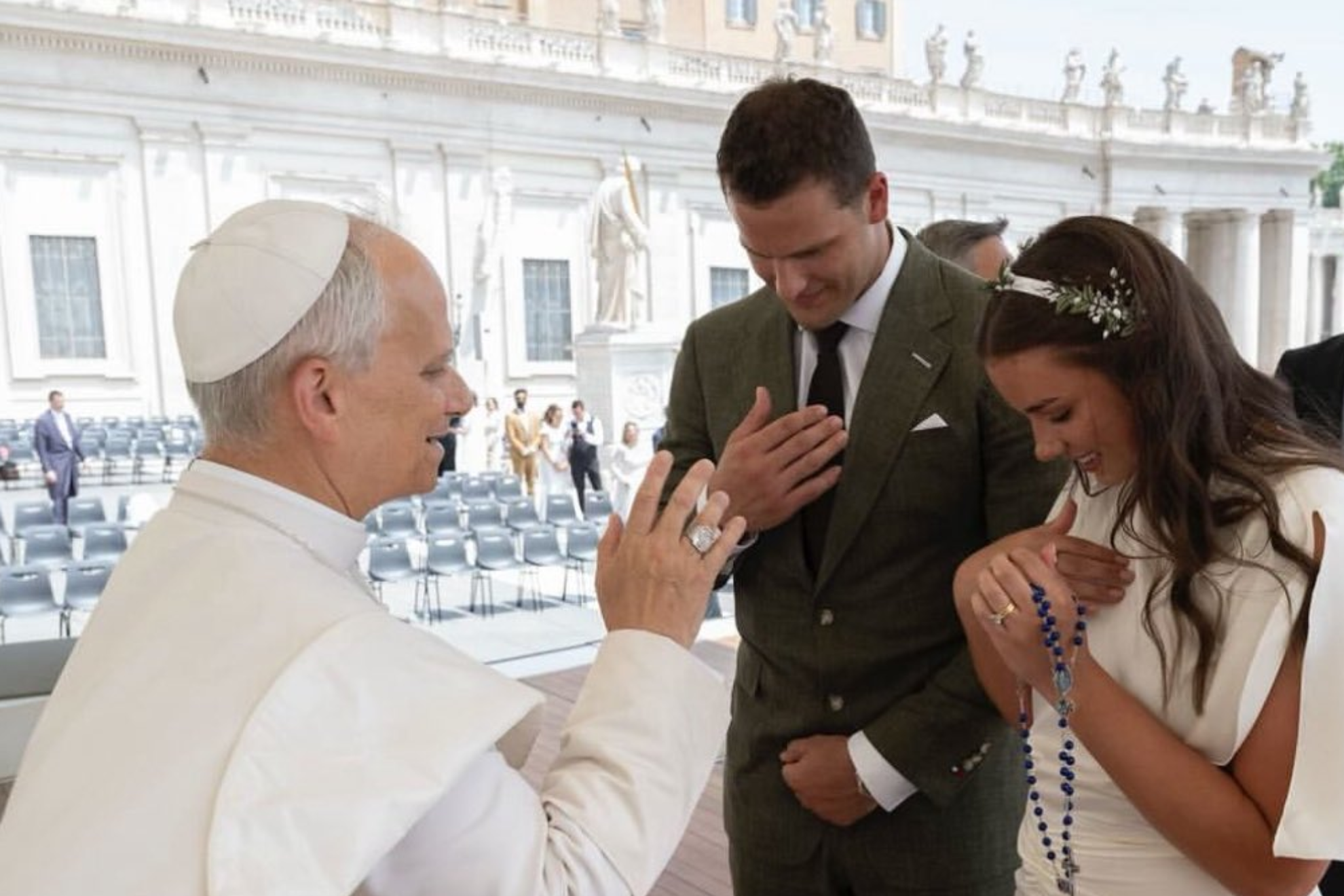 Pope Leo XIV blesses Detroit Lions tight end Sam LaPorta and his new bride Callie at Vatican City